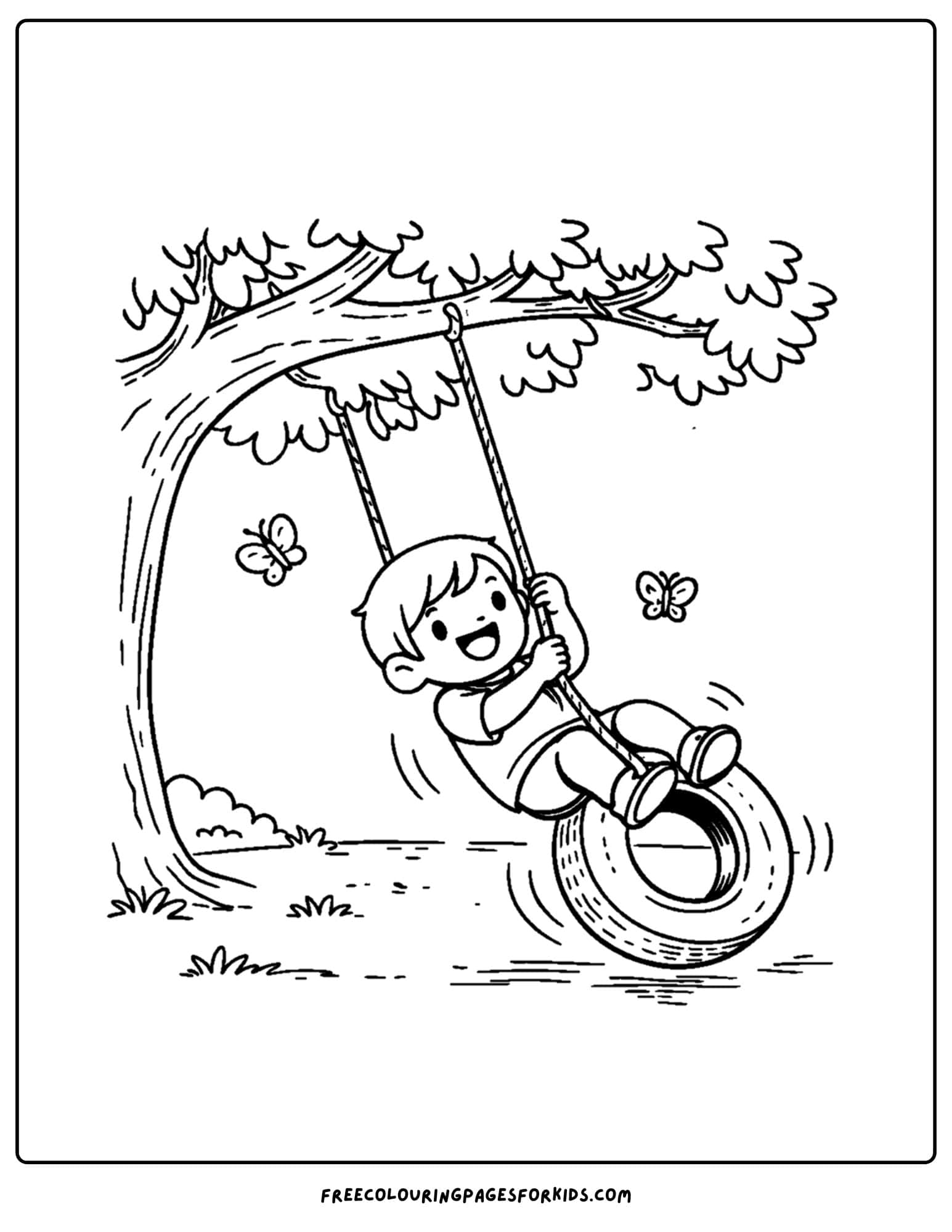 a coloring page of a childrens playground with a child on a tire swing