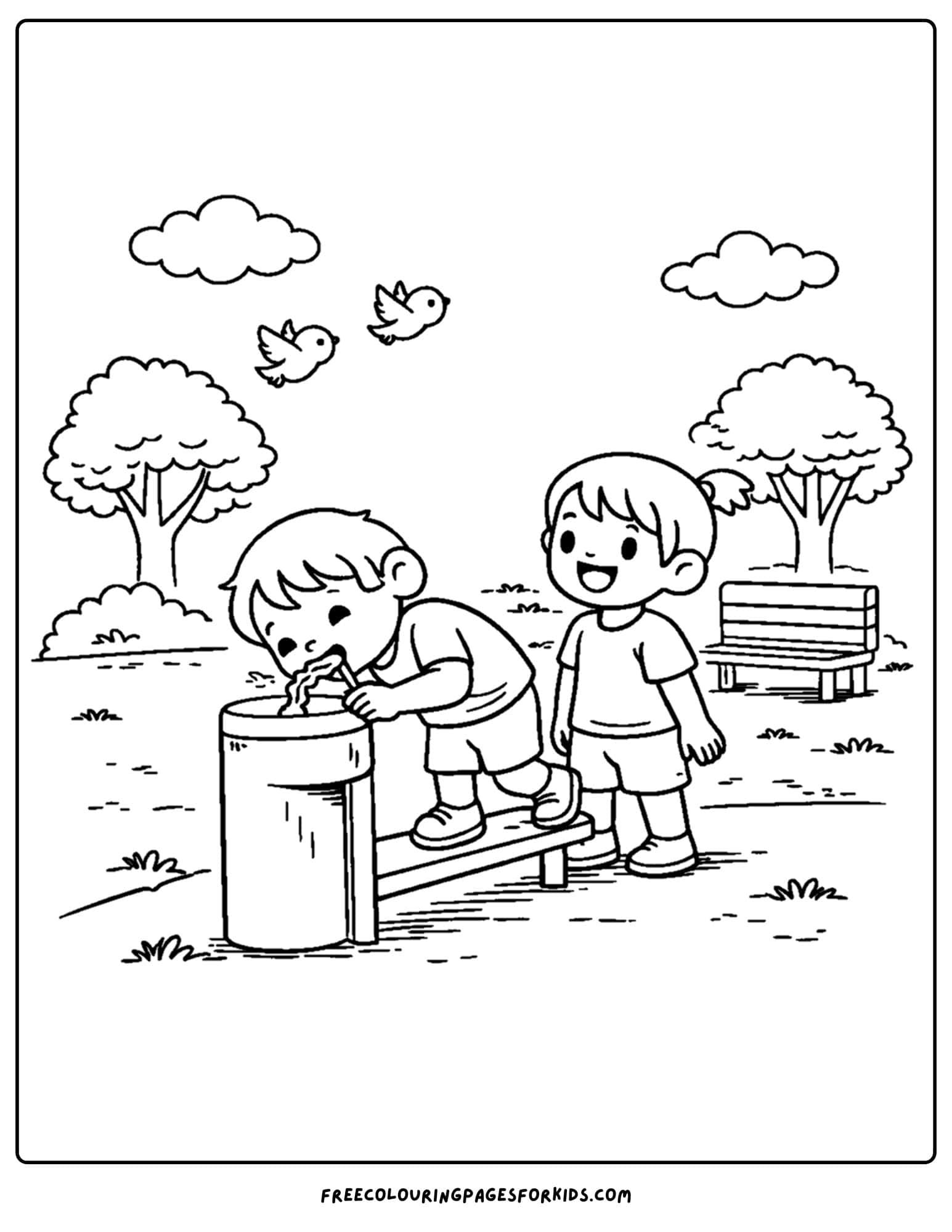 a coloring page of a childrens playground with kids drinking from a water fountain