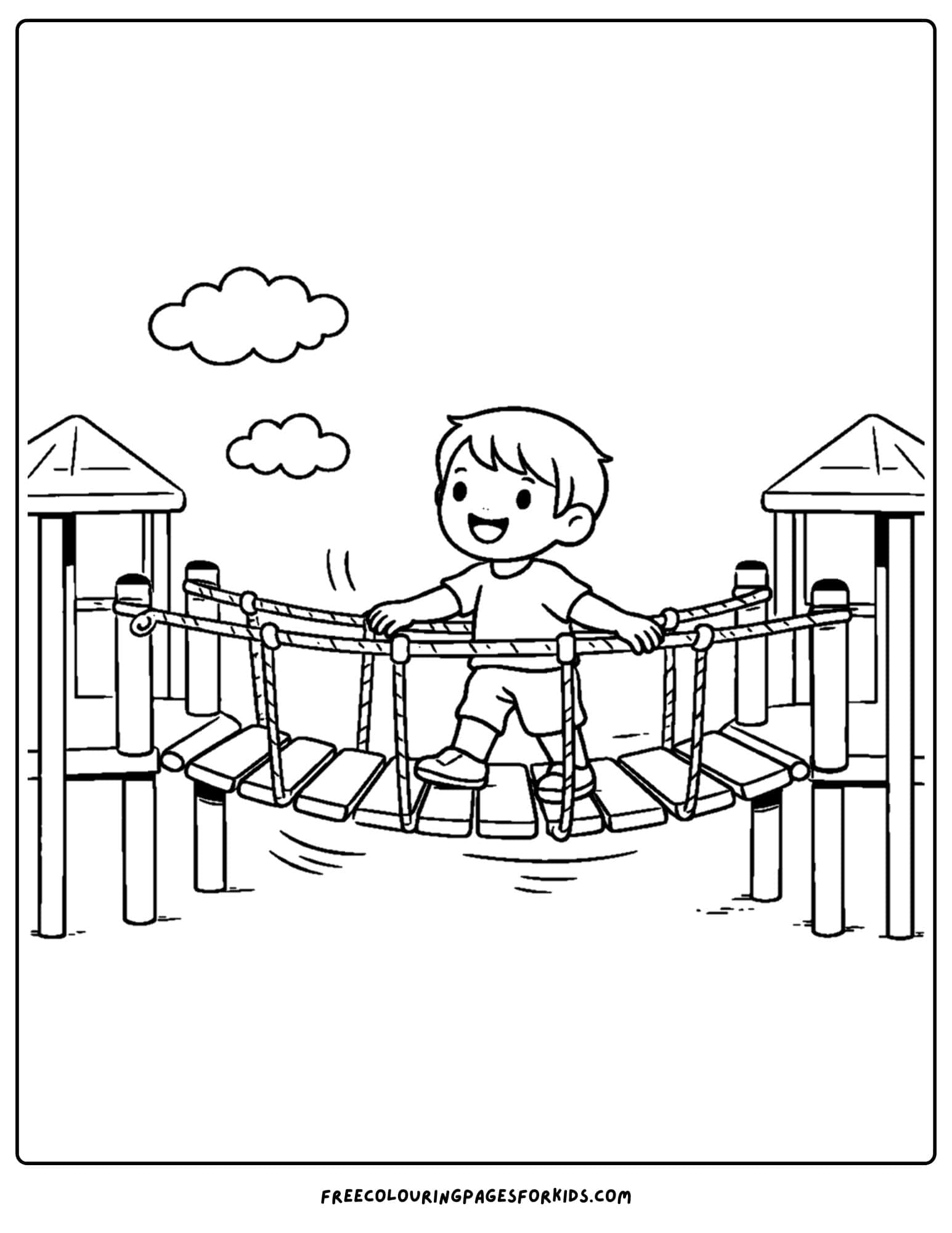 a coloring page of a childrens playground with a kid on a wobbly rope bridge