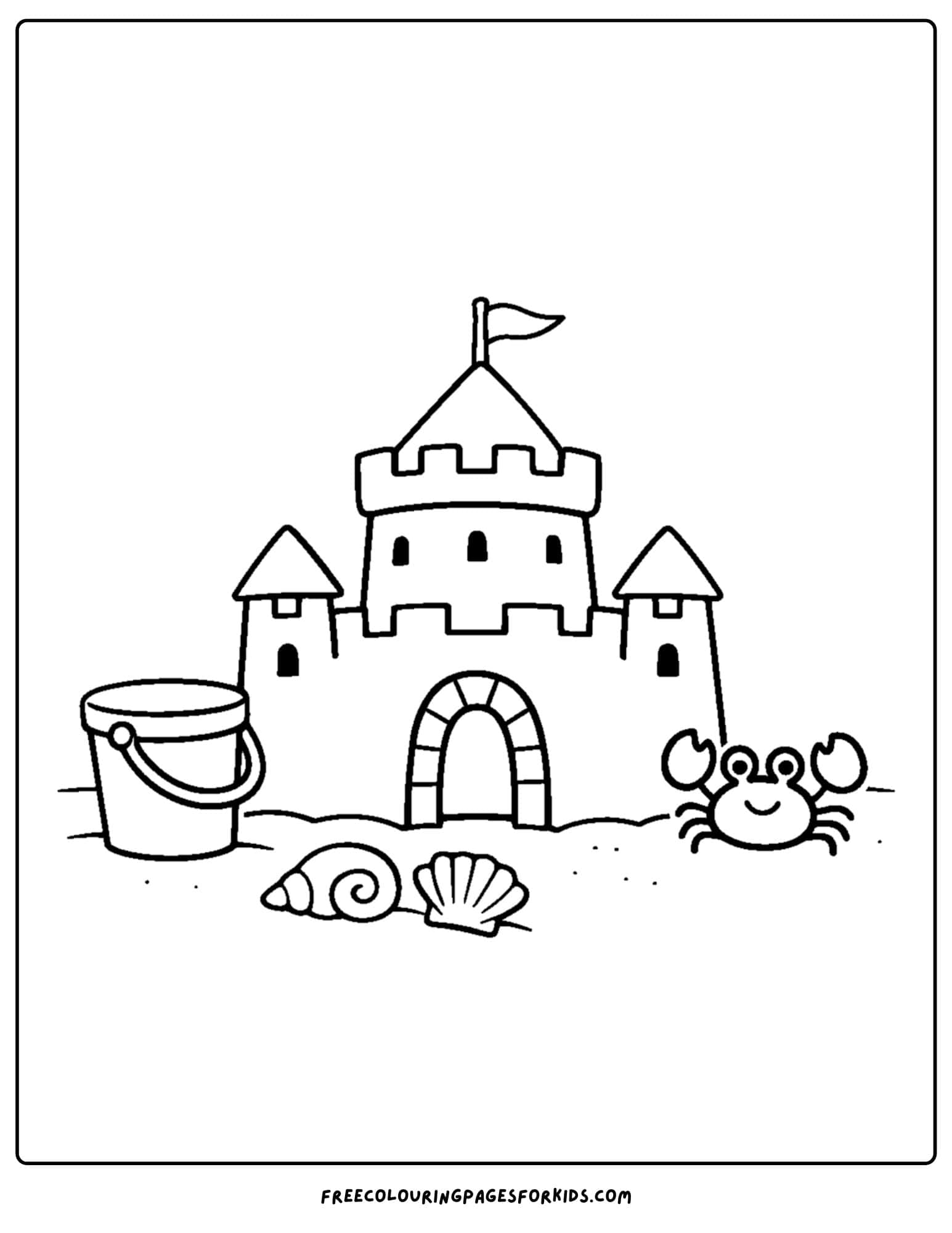a sandcastle coloring page showing a sandcastle with an arched entry gate