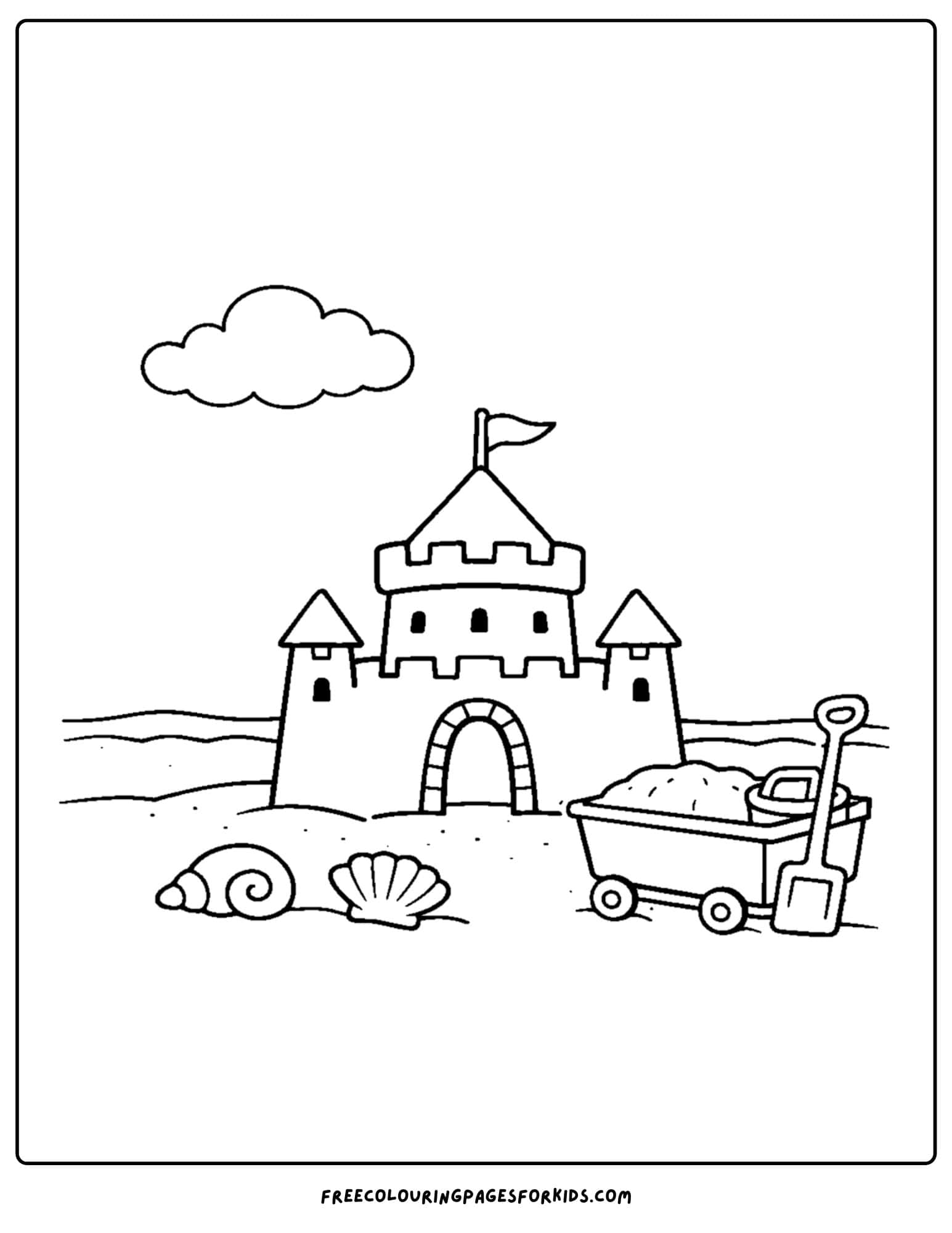 a sandcastle coloring page showing a sandcastle with a beach cart next to it