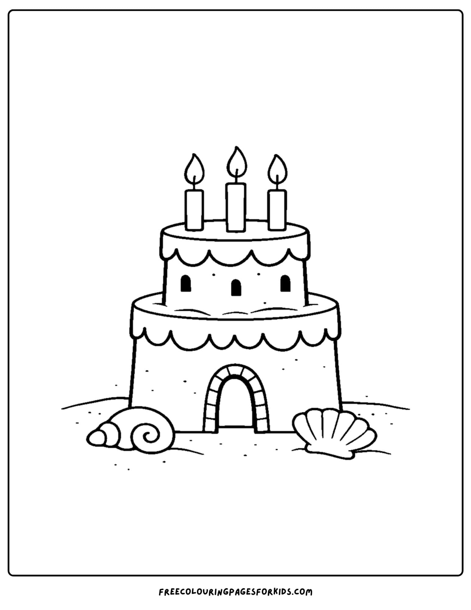 a sandcastle coloring page showing a sandcastle themed birthday cake