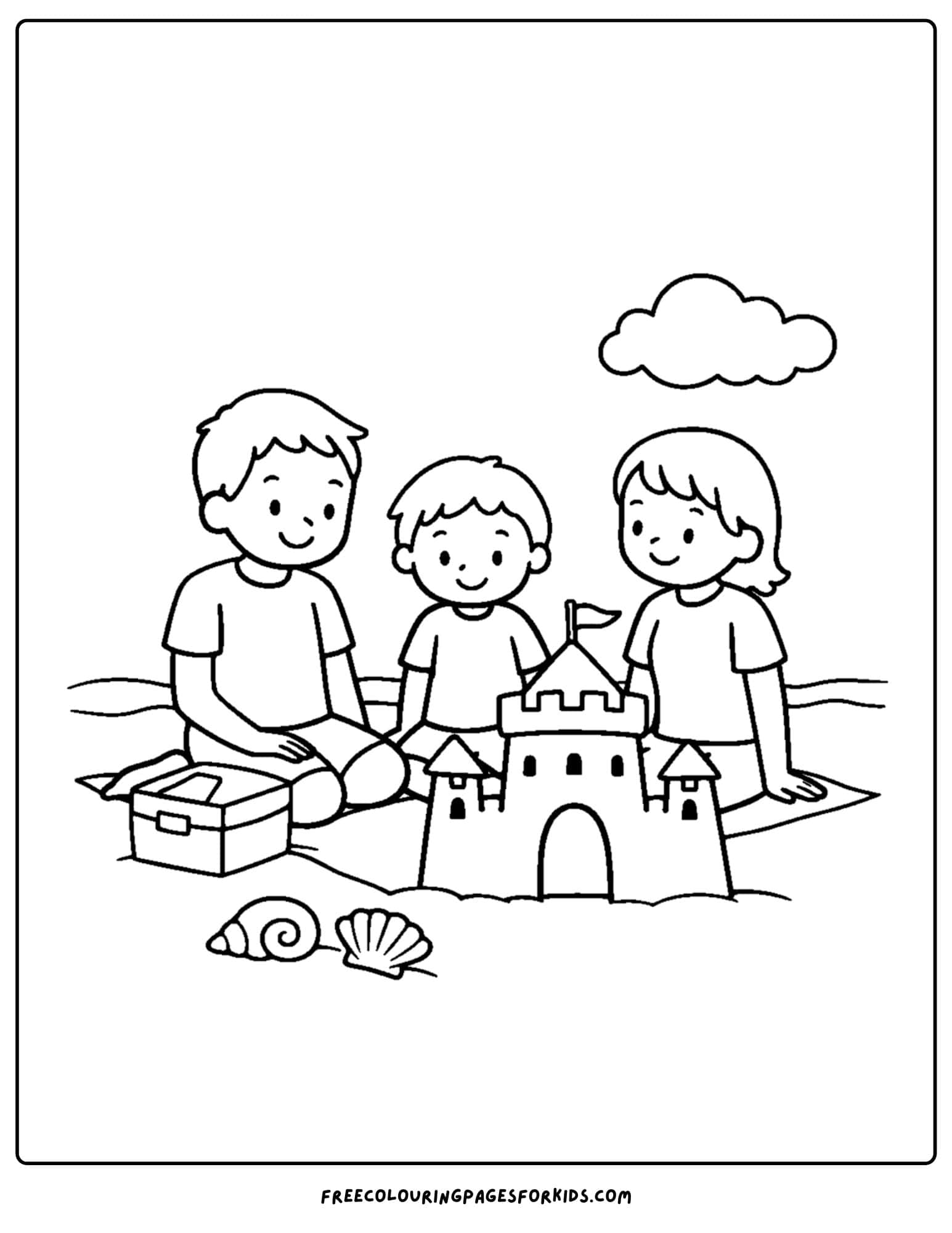a sandcastle coloring page showing a sandcastle being admired by a family