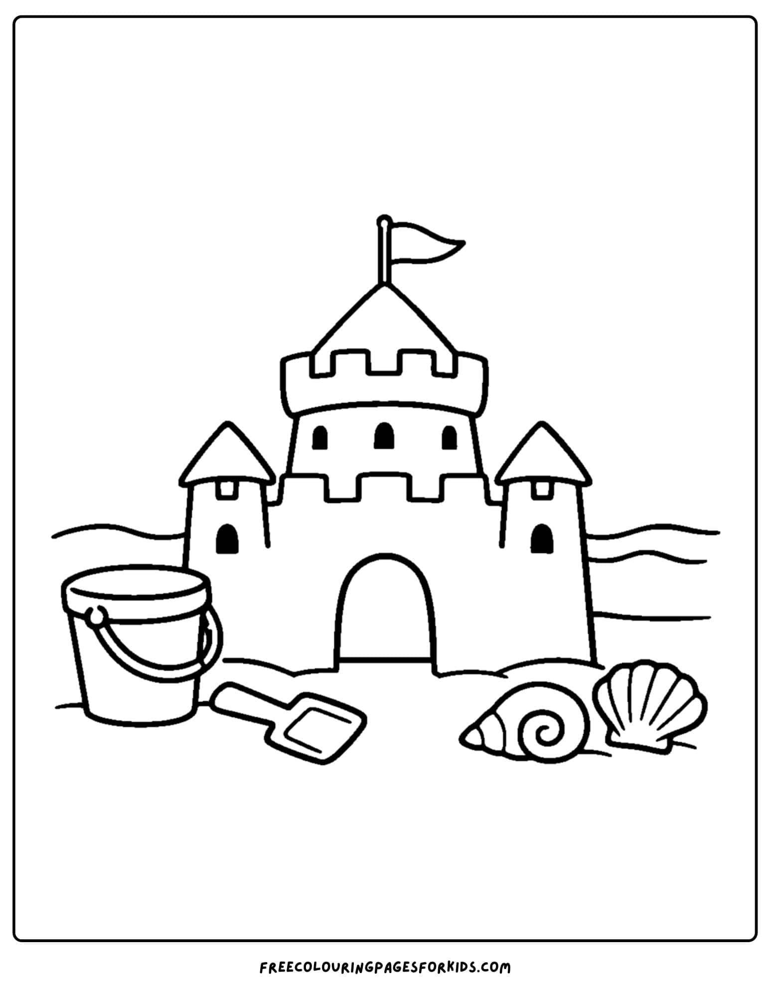 a sandcastle coloring page showing a sandcastle with simple tools and a flag
