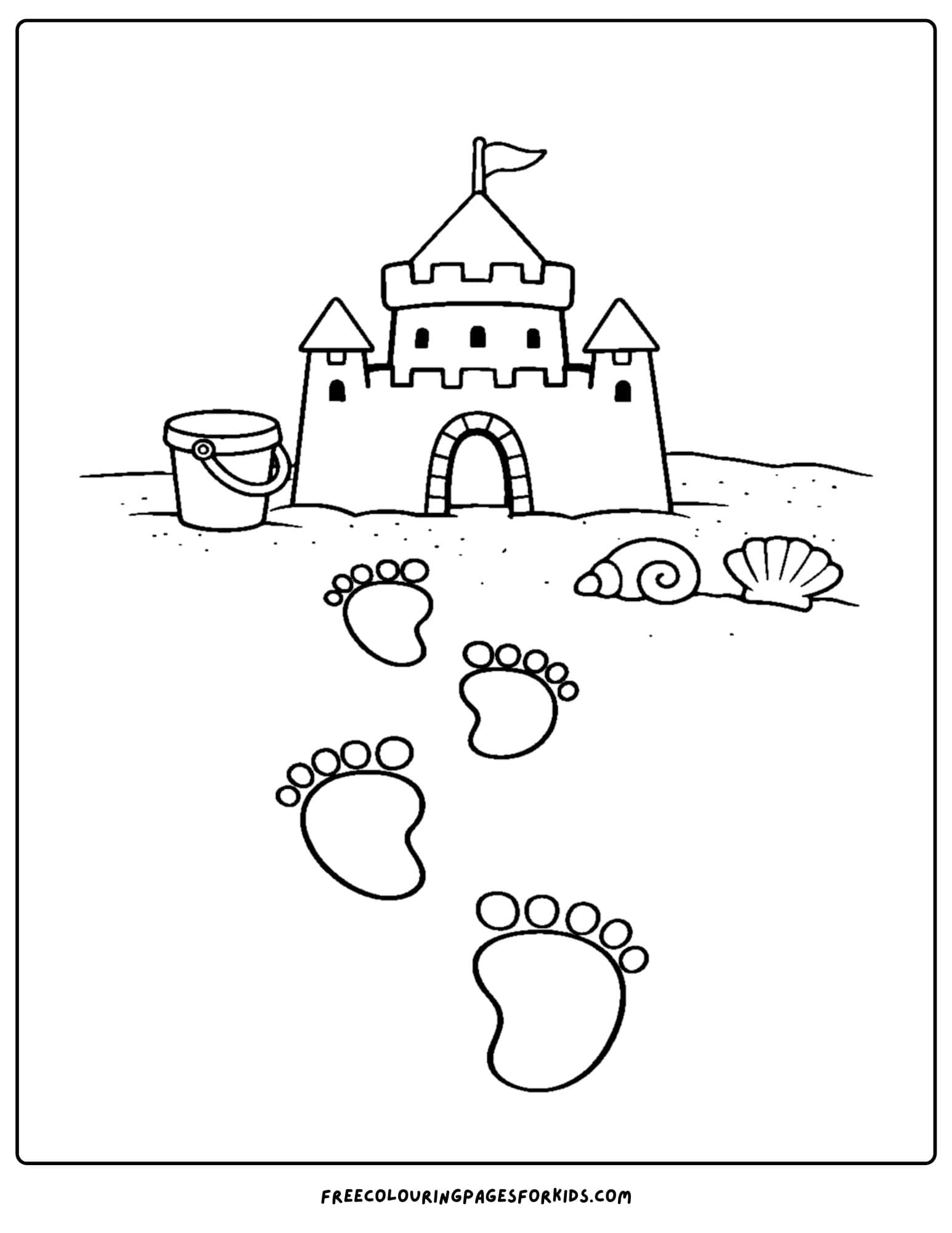 a sandcastle coloring page showing a sandcastle with footprints leading up to it