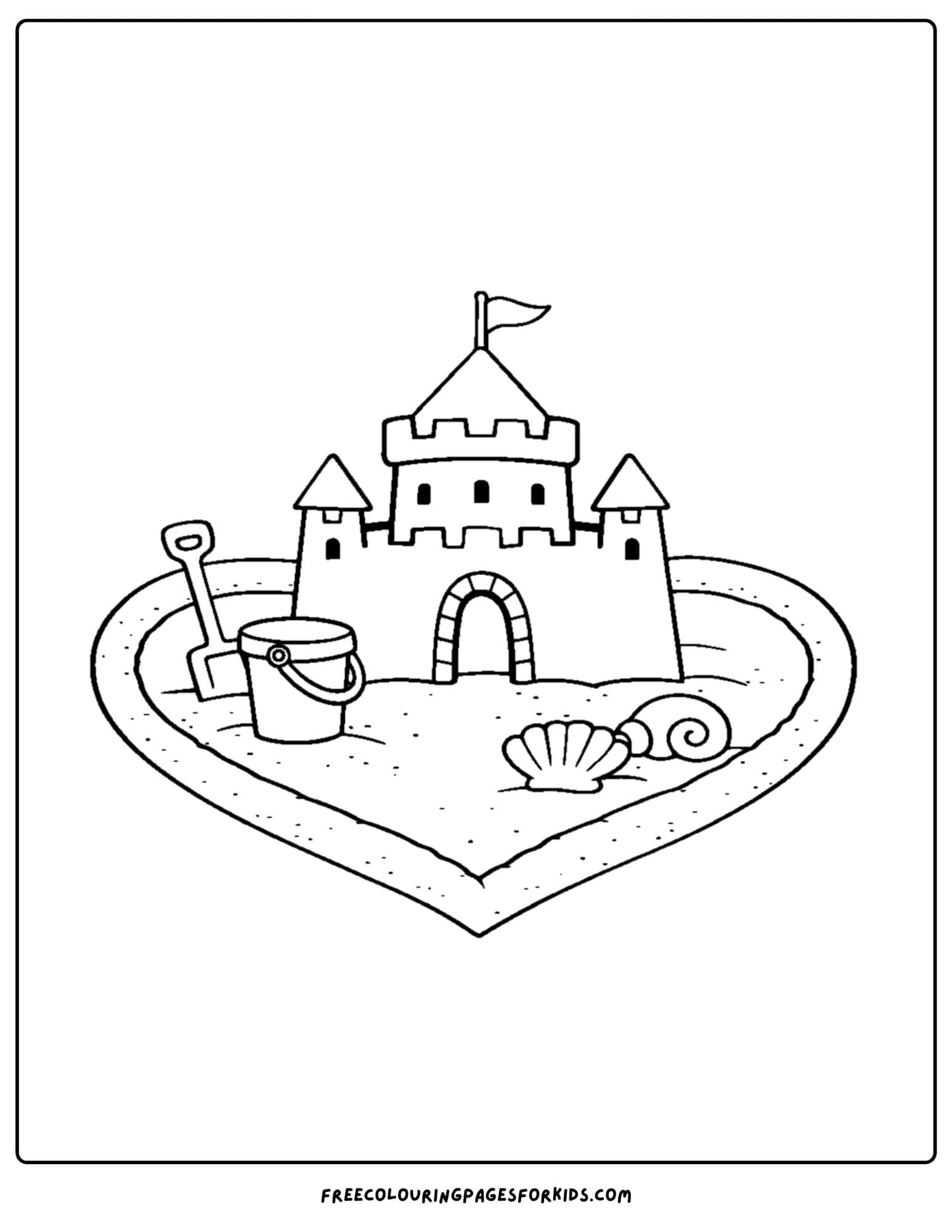 a sandcastle coloring page showing a sandcastle with a heart shaped maot