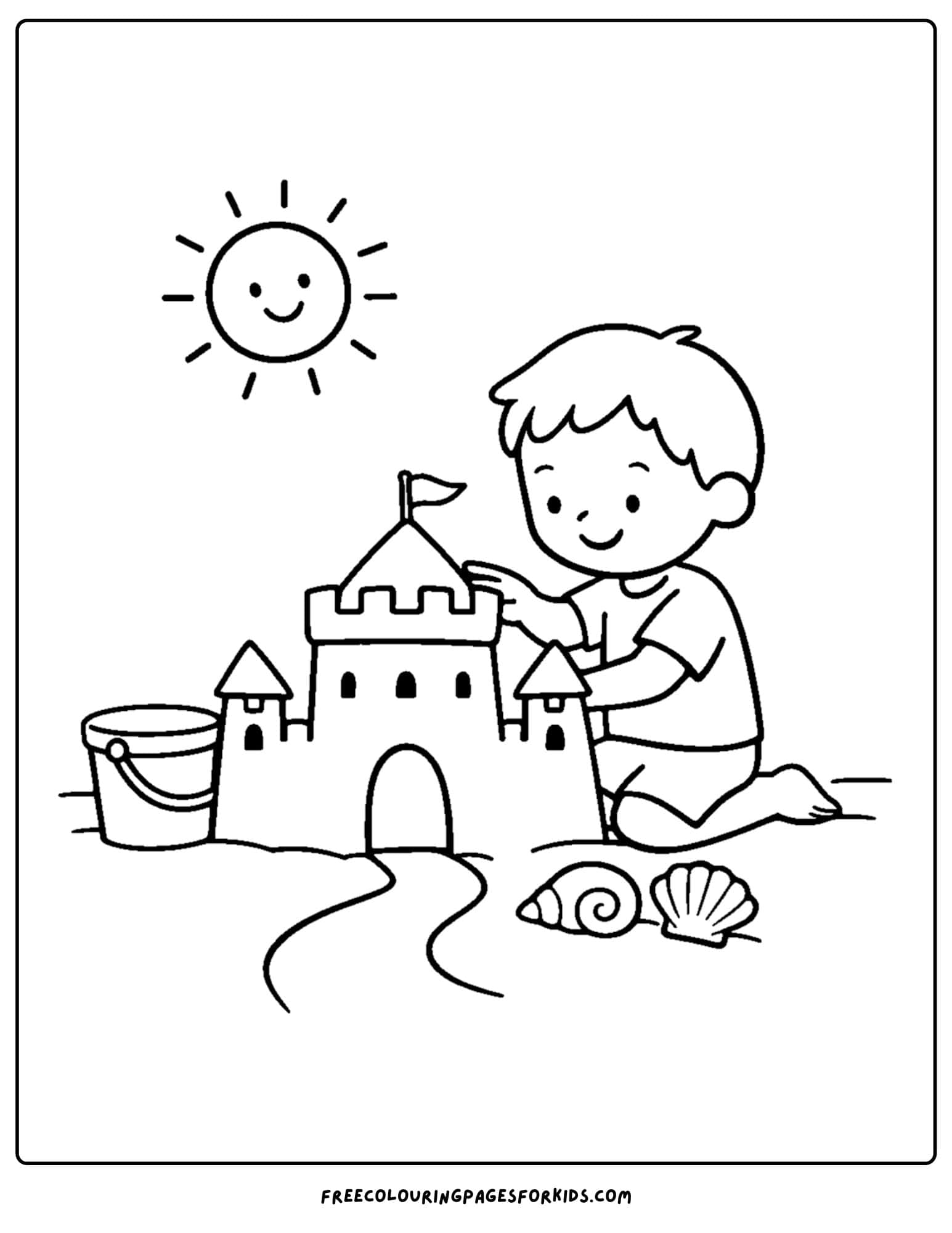 a sandcastle coloring page showing a sandcastle being build by a child