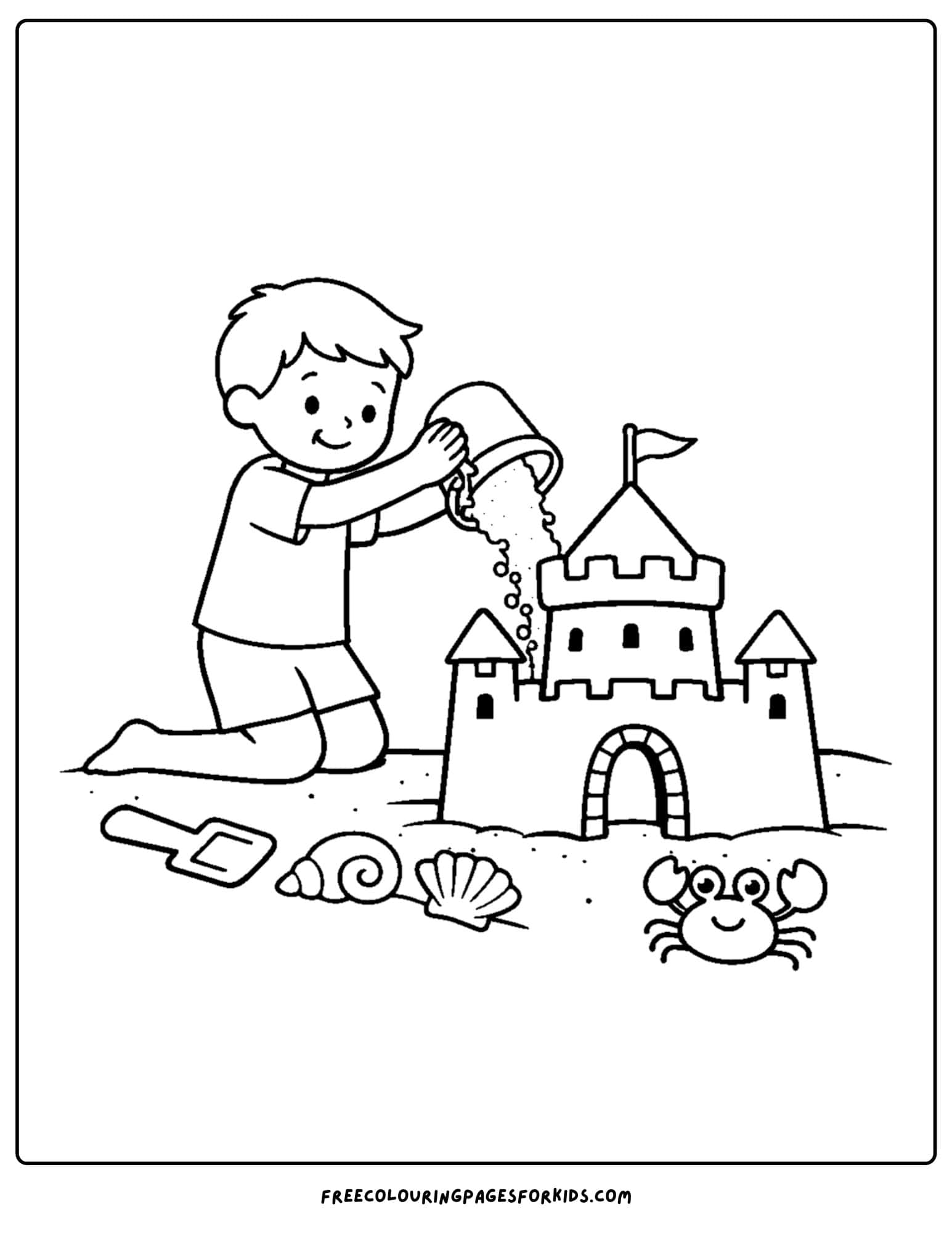 a sandcastle coloring page showing a sandcastle wth a kid tipping in more sand