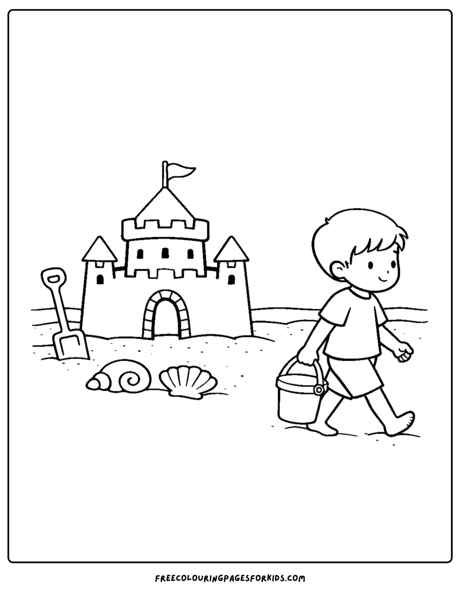 a sandcastle coloring page showing a sandcastle with a kid holding a bucket walking away