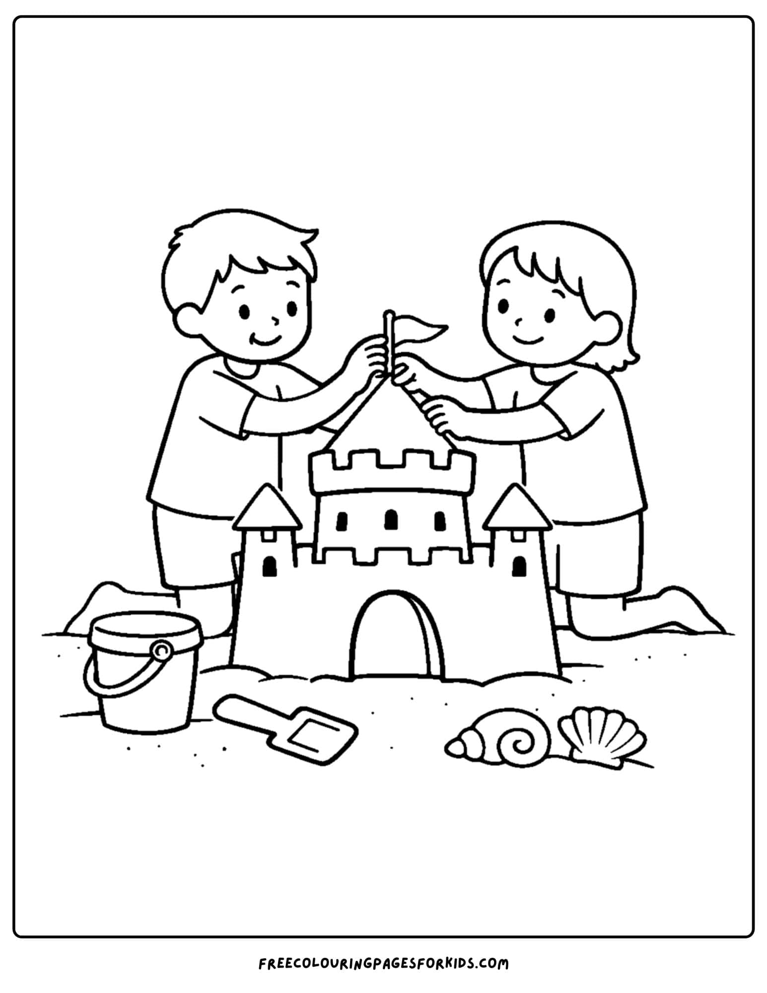 a sandcastle coloring page showing a sandcastle where two children are placing a flag in the top