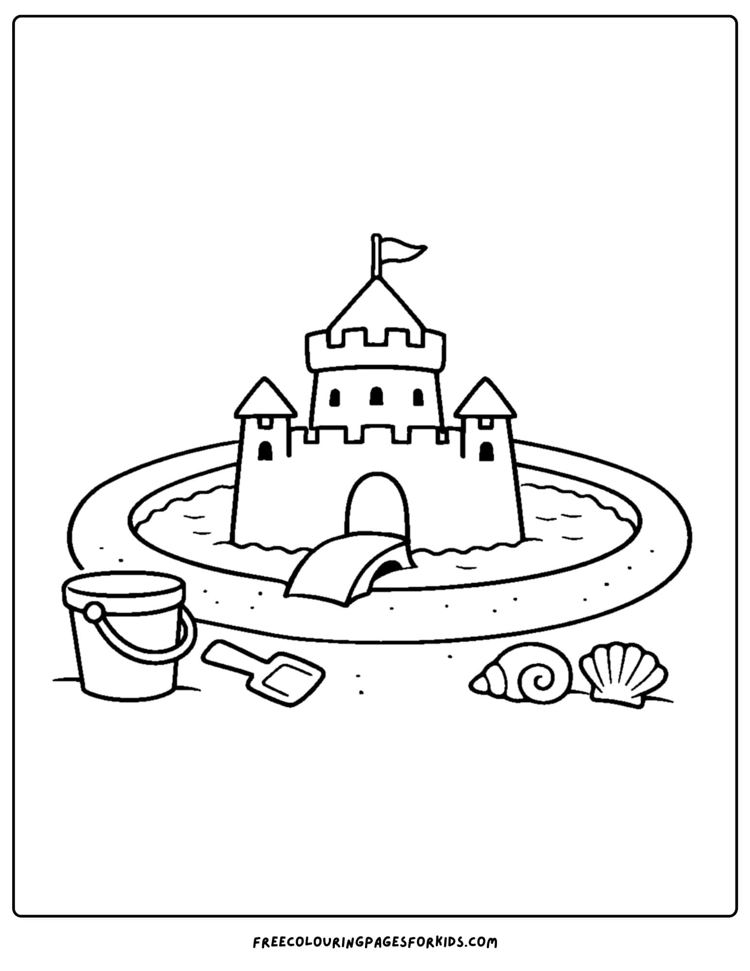 a sandcastle coloring page showing a sandcastle with a moat and bridge