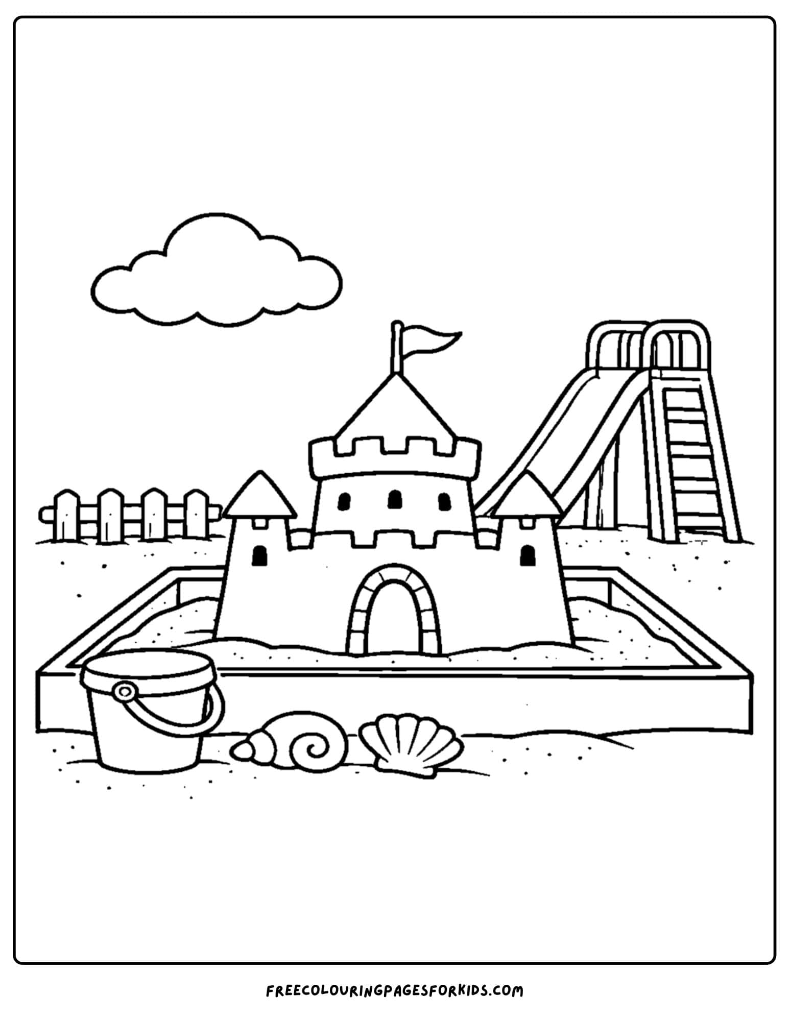 a sandcastle coloring page showing a sandcastle in a kids payground