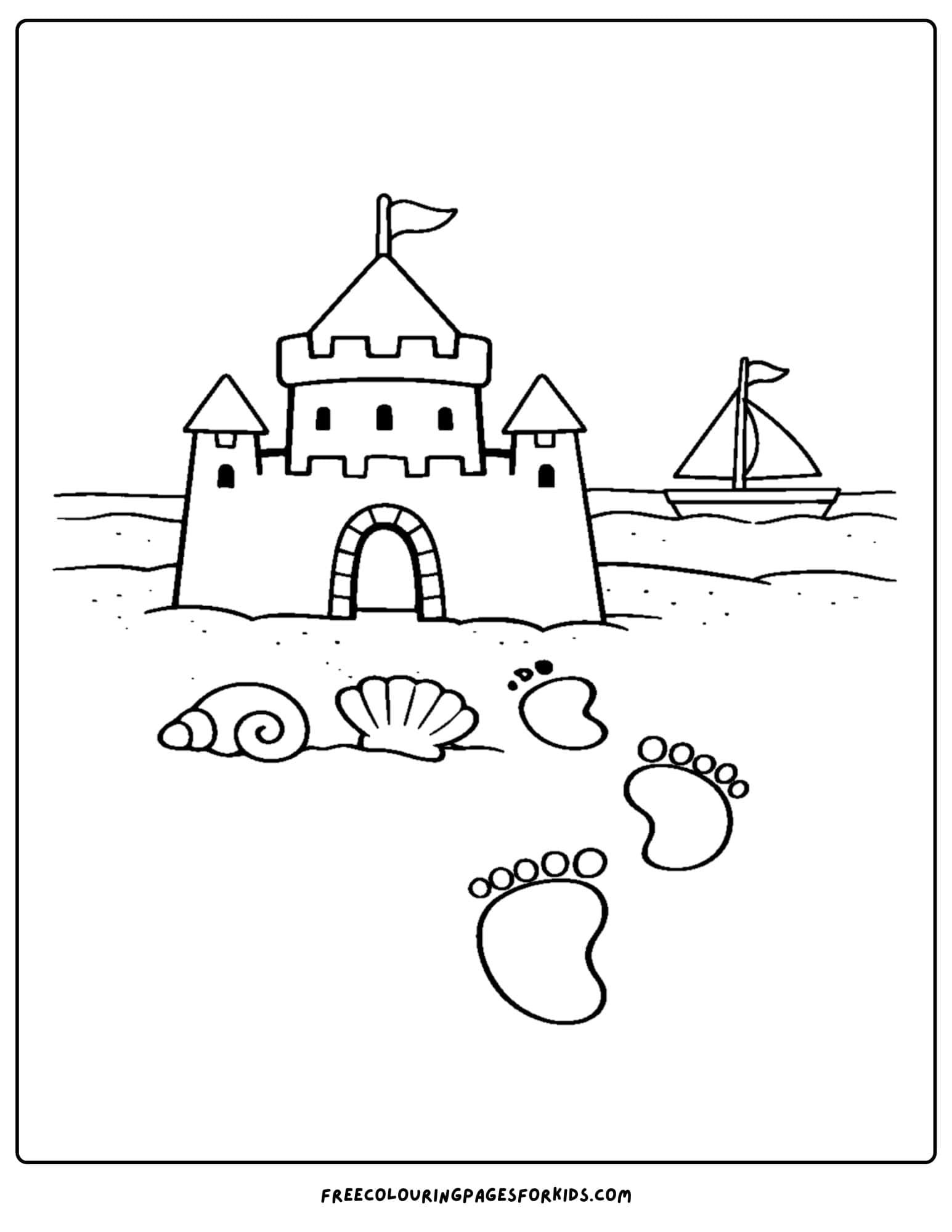 a sandcastle coloring page showing sandcastle with foot prints and a boat in the background