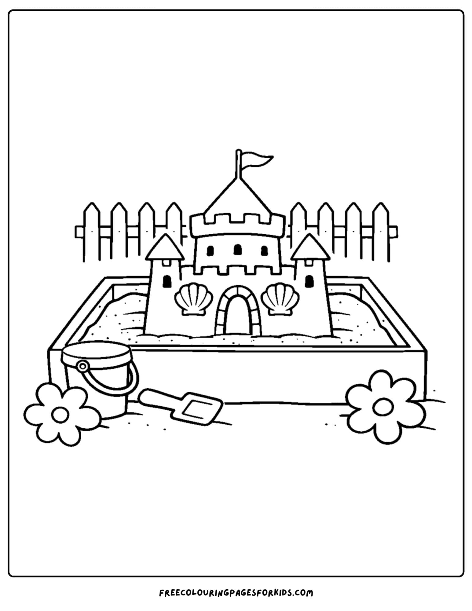 a sandcastle coloring page showing a sandcastle in a sandbox