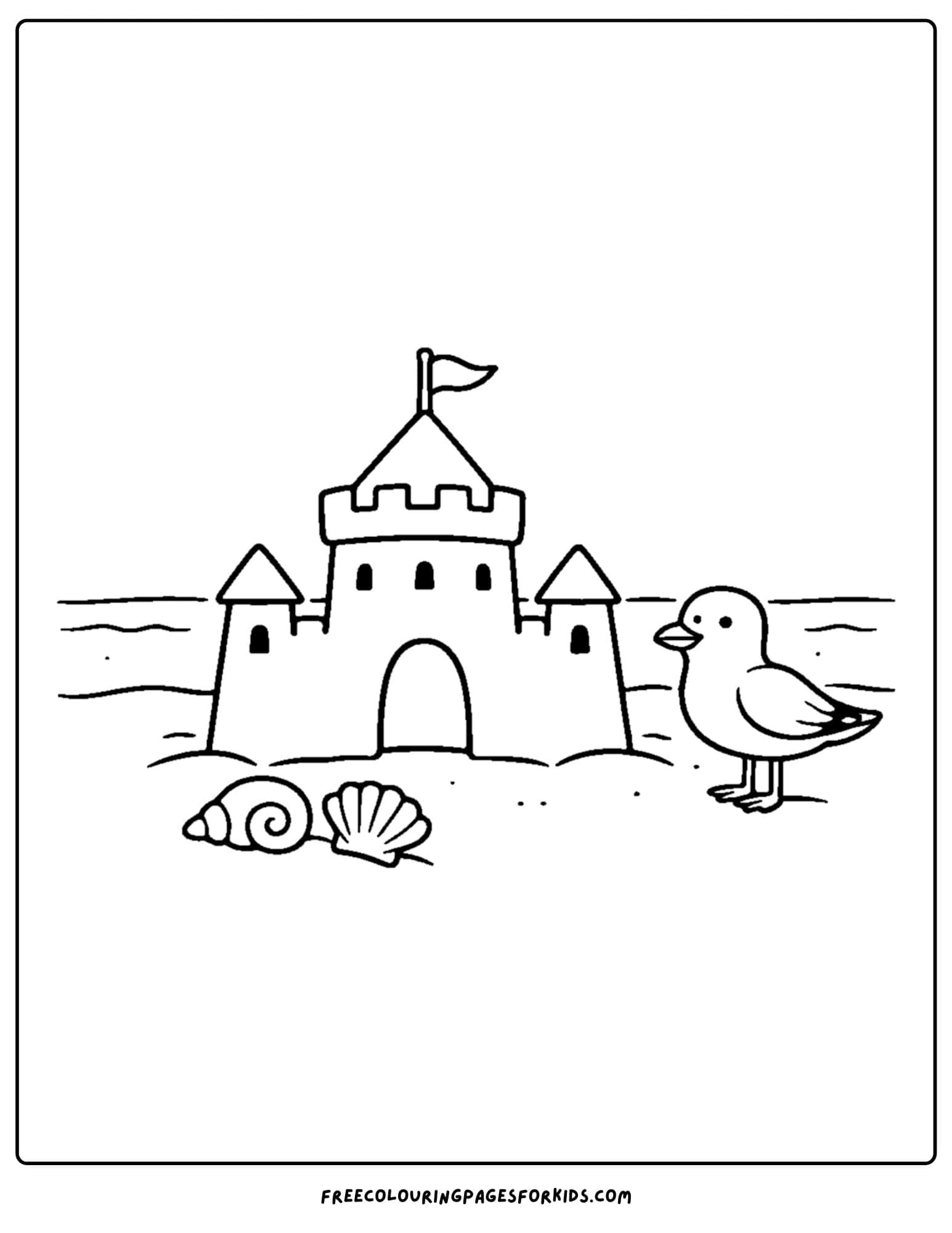 a sandcastle coloring page showing a sandcastle with a seagull