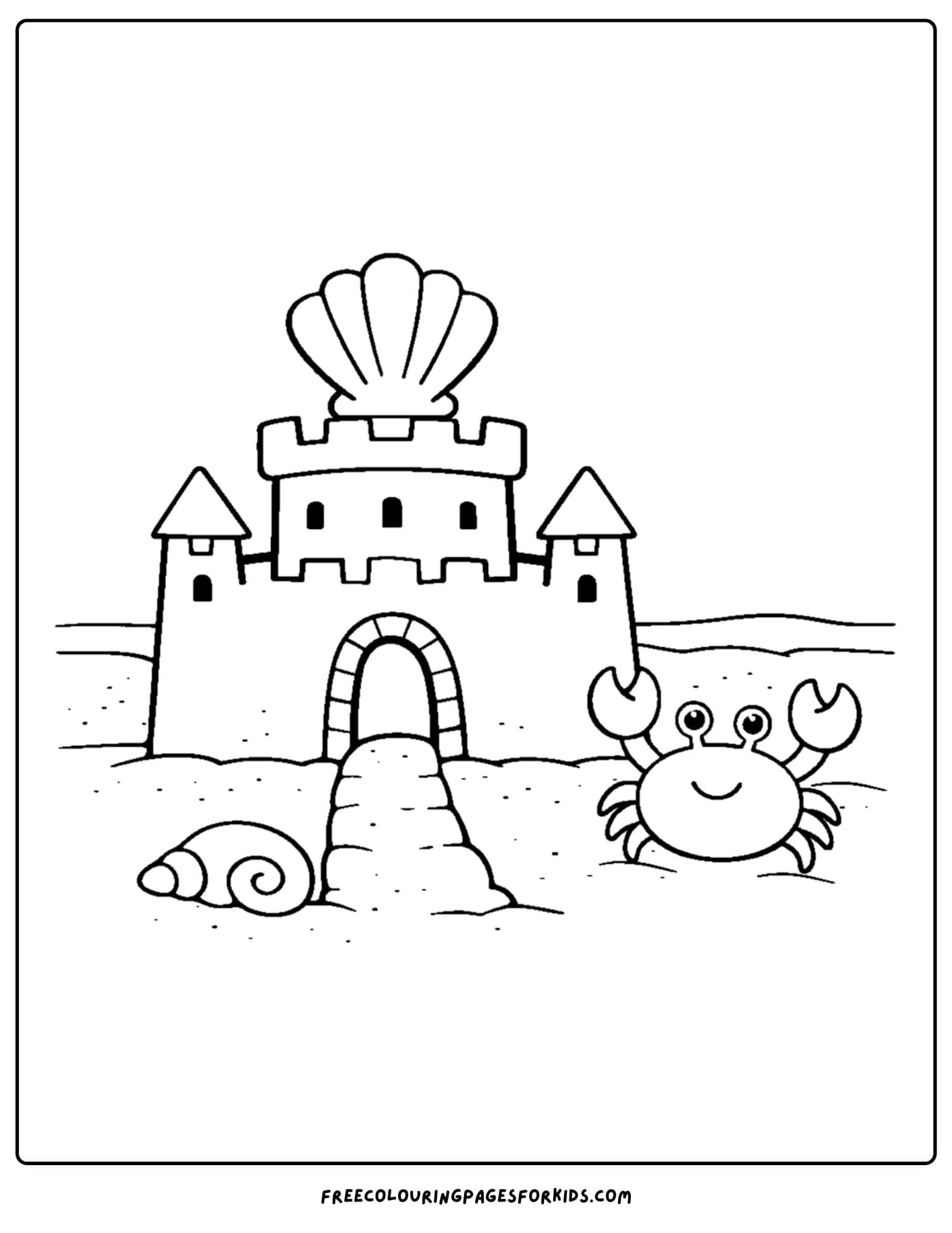 a sandcastle coloring page showing a sandcastle with a crab