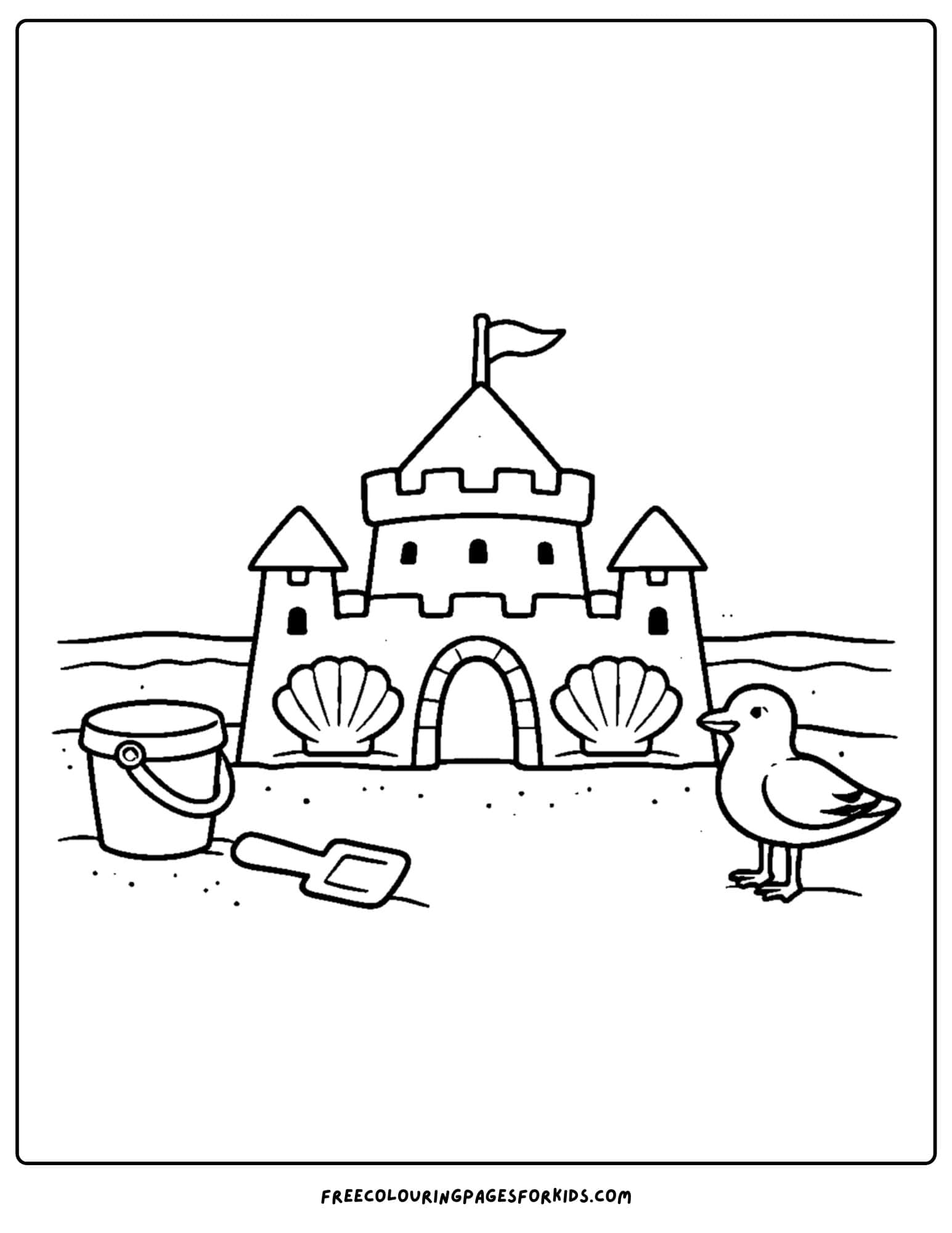 a sandcastle coloring page showing a sandcastle decorated with shells