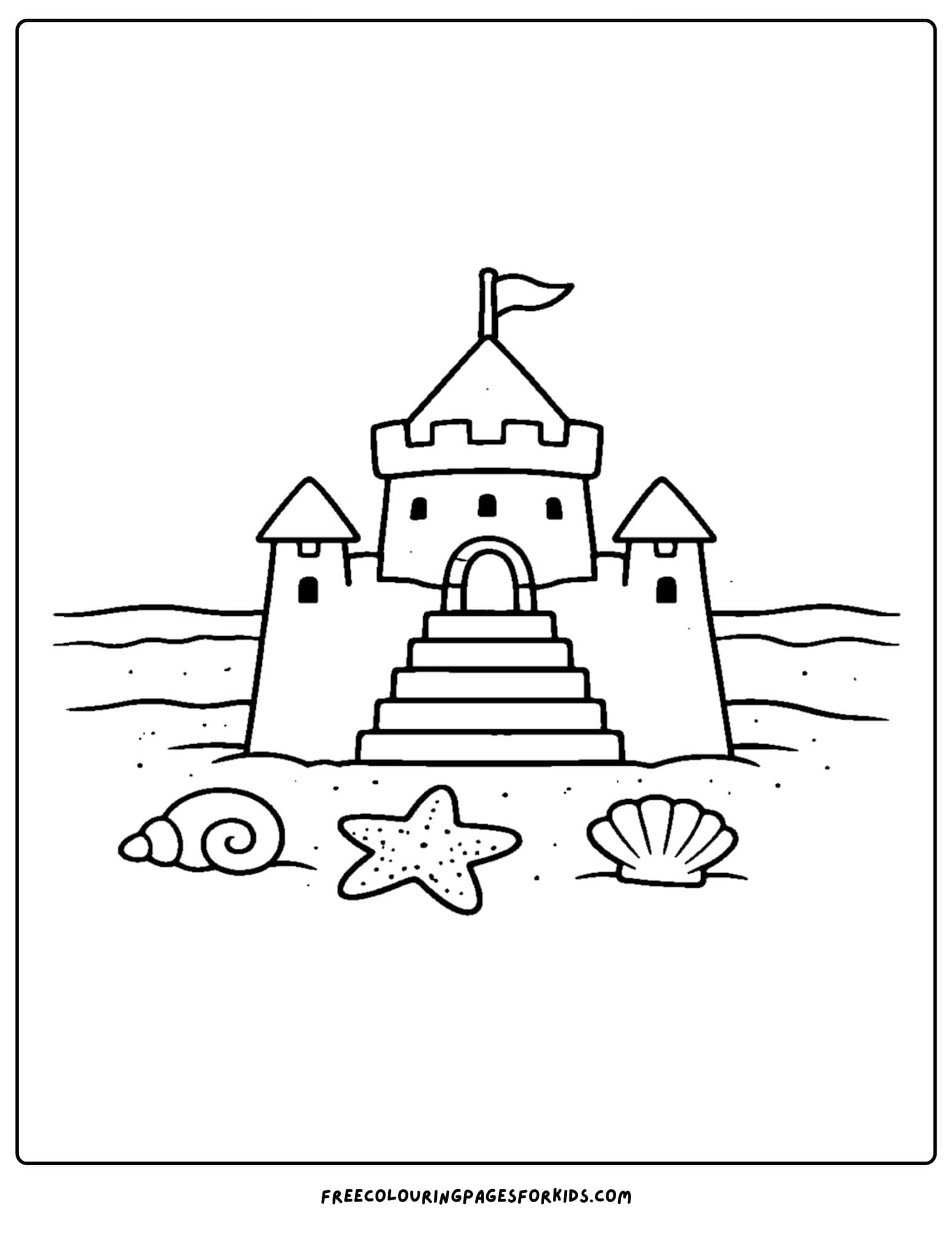 a sandcastle coloring page showing a sandcastle with steps to the front door