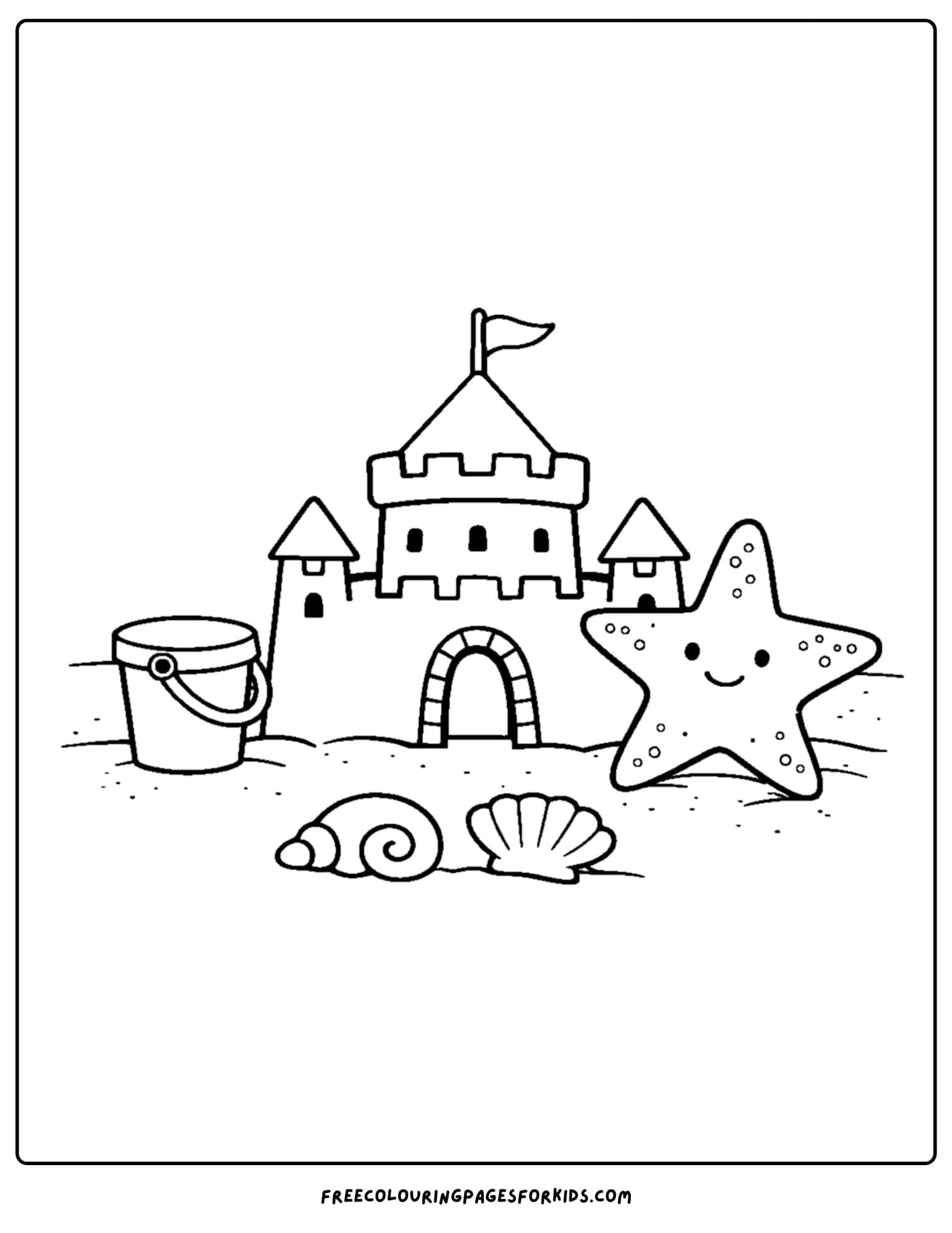 a sandcastle coloring page showing a sandcastle with a starfish and bucket