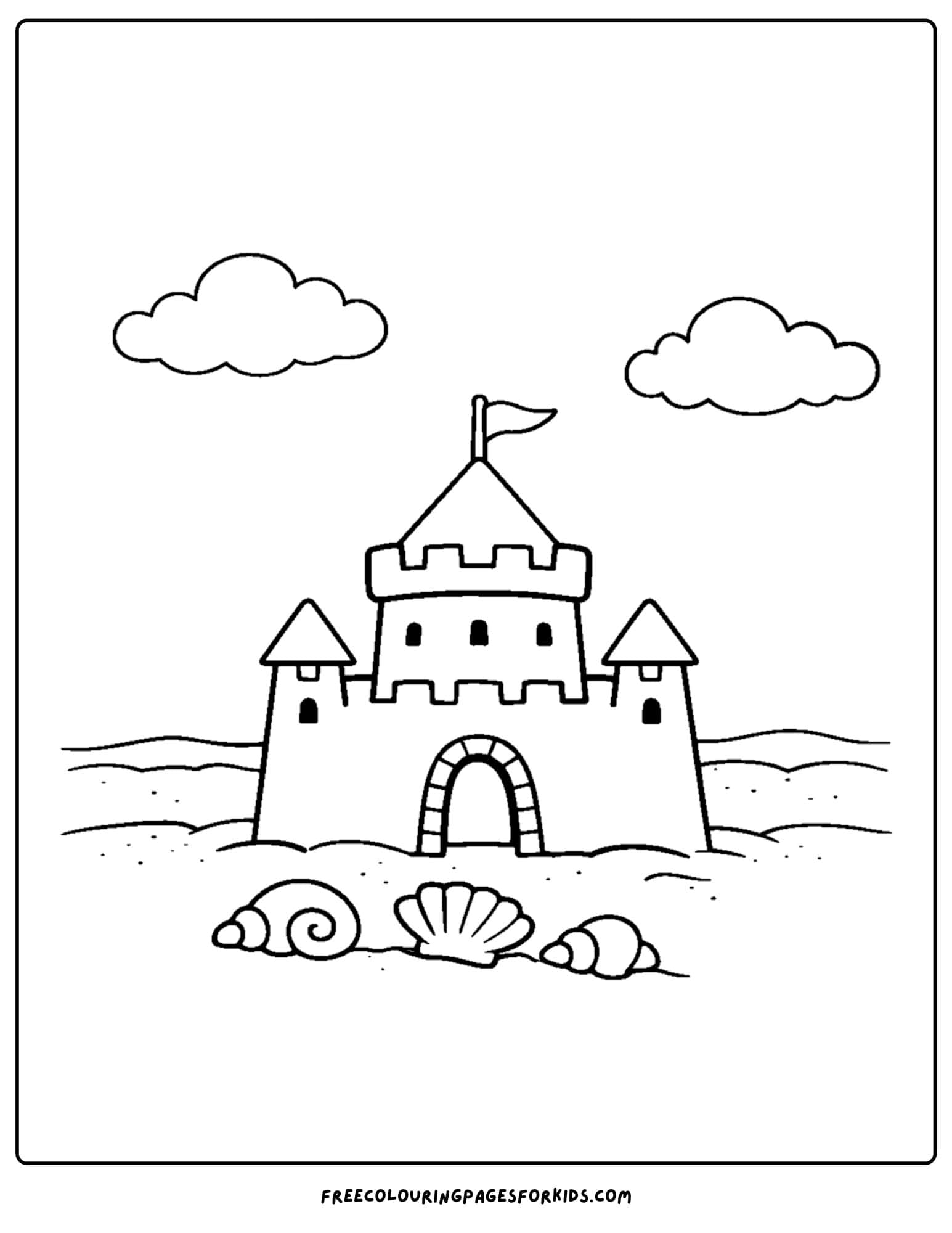 a sandcastle coloring page showing shells in front and waves behind