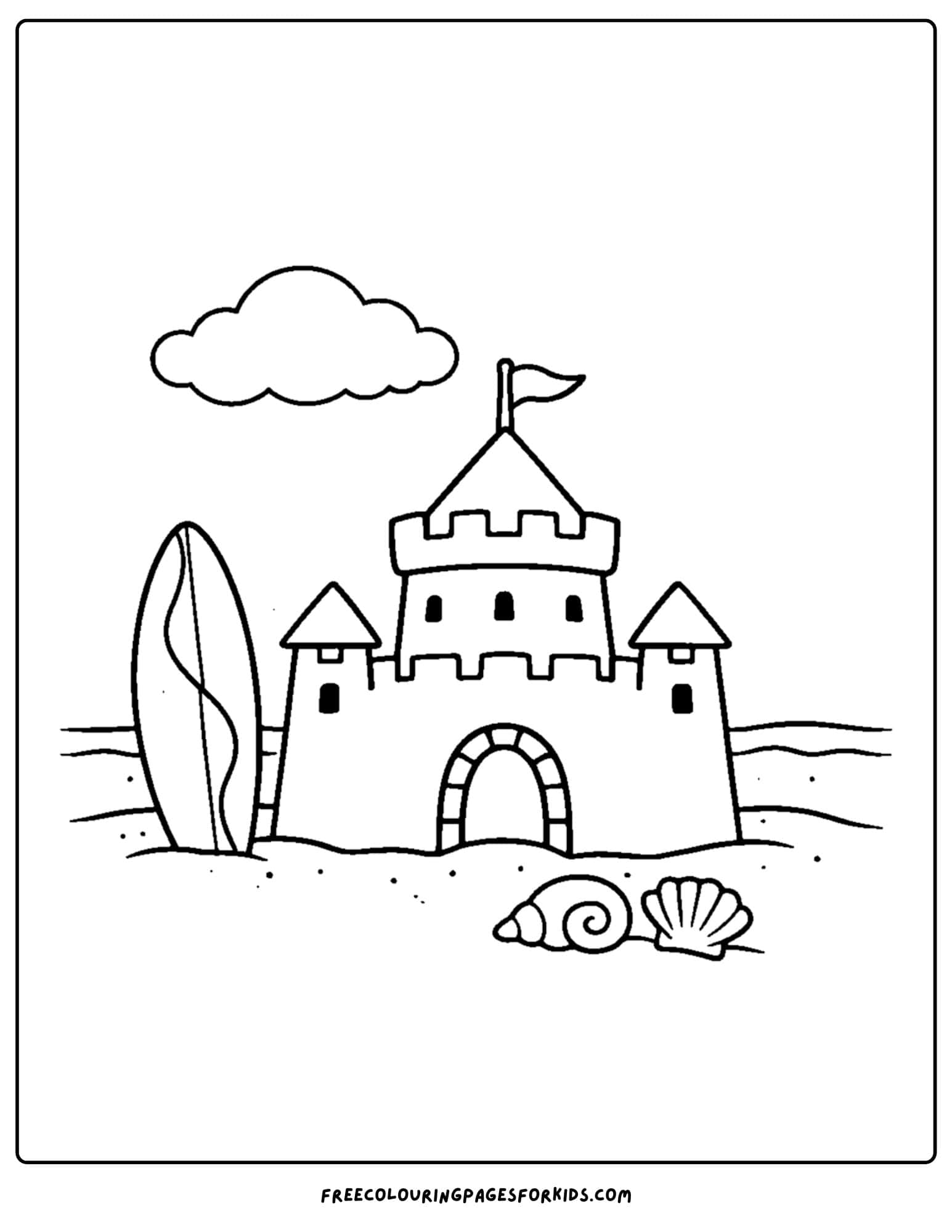 a sandcastle coloring page showing a sandcastle with a surfboad beside it