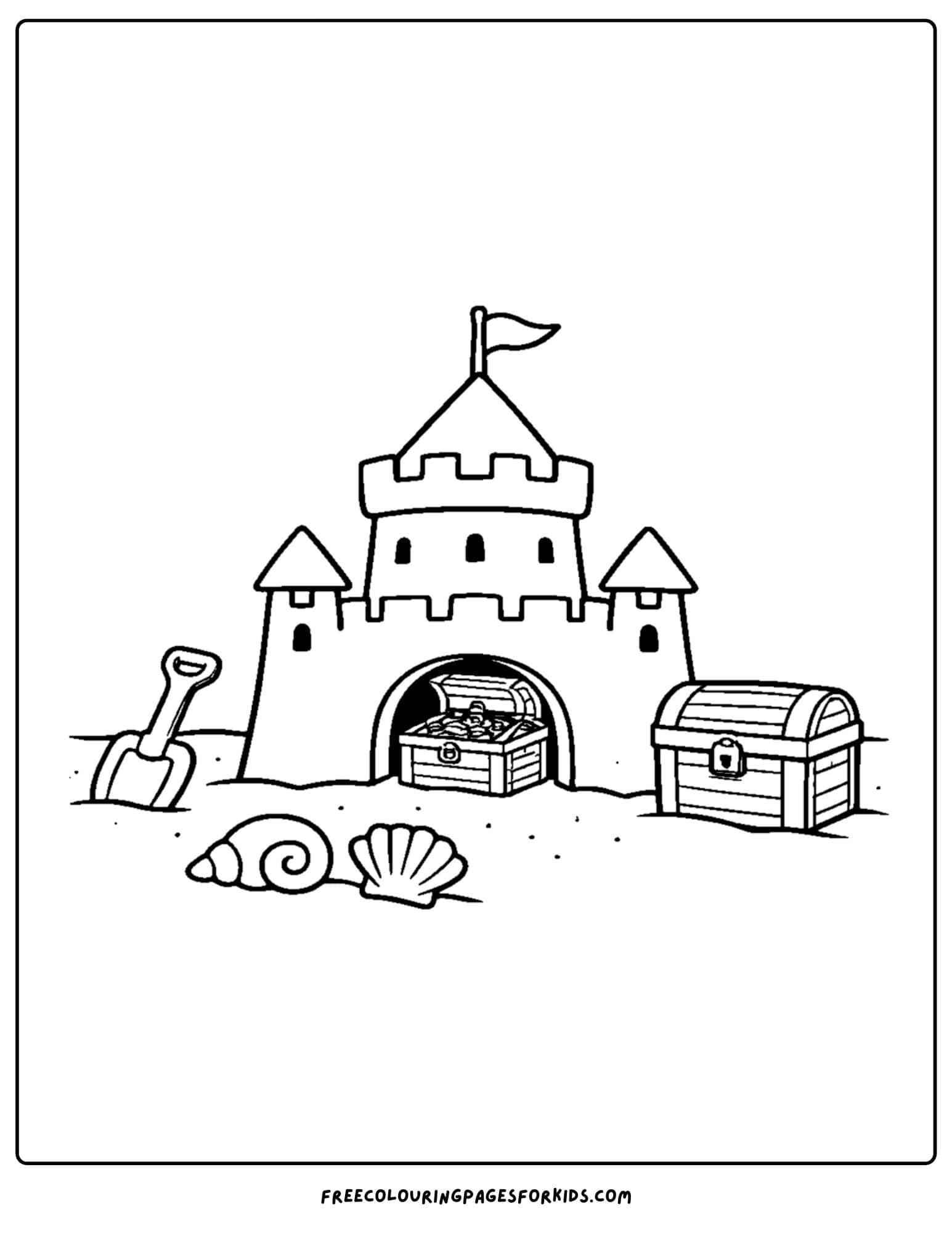 a sandcastle coloring page showing a castle with treasure inside