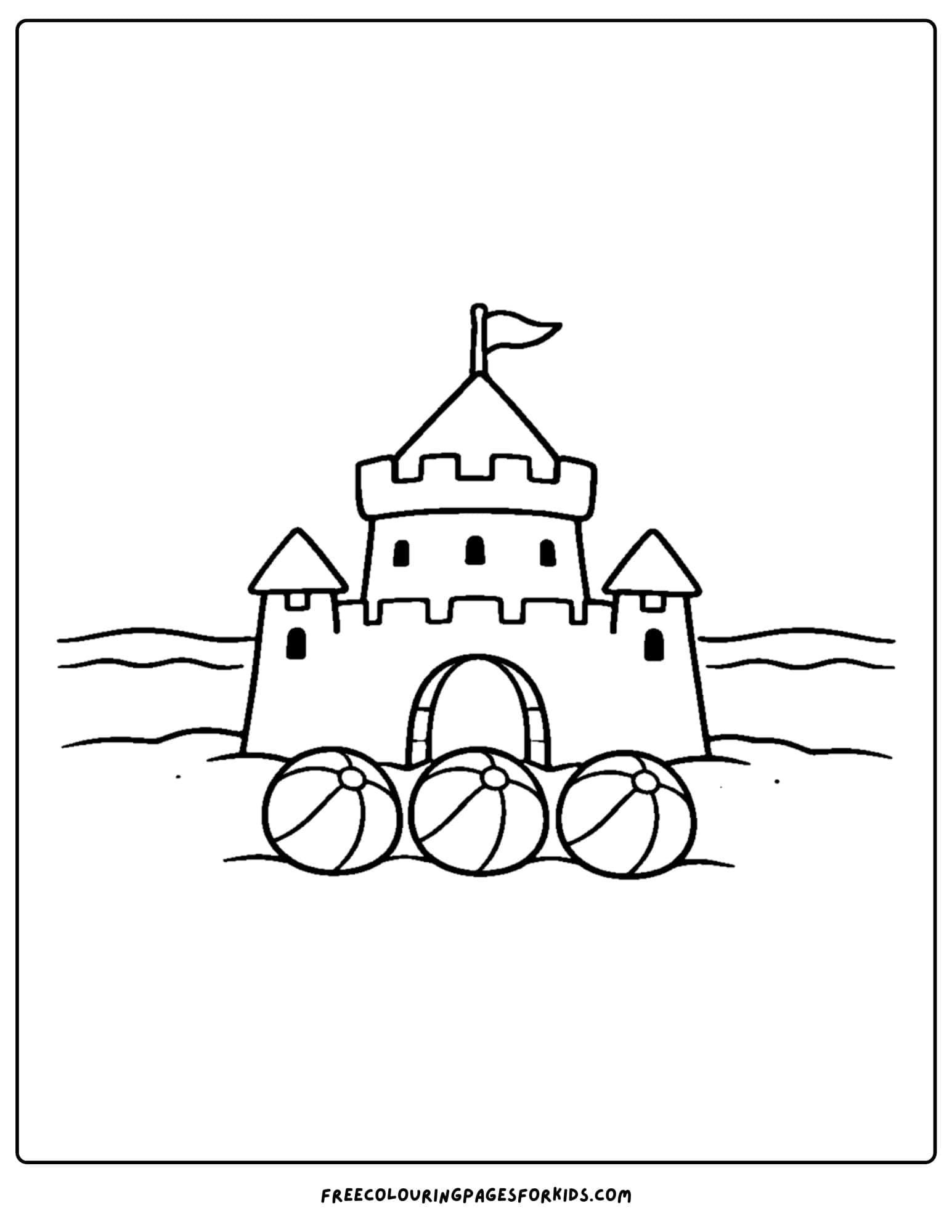a sandcastle coloring page showing beach balls in front of it