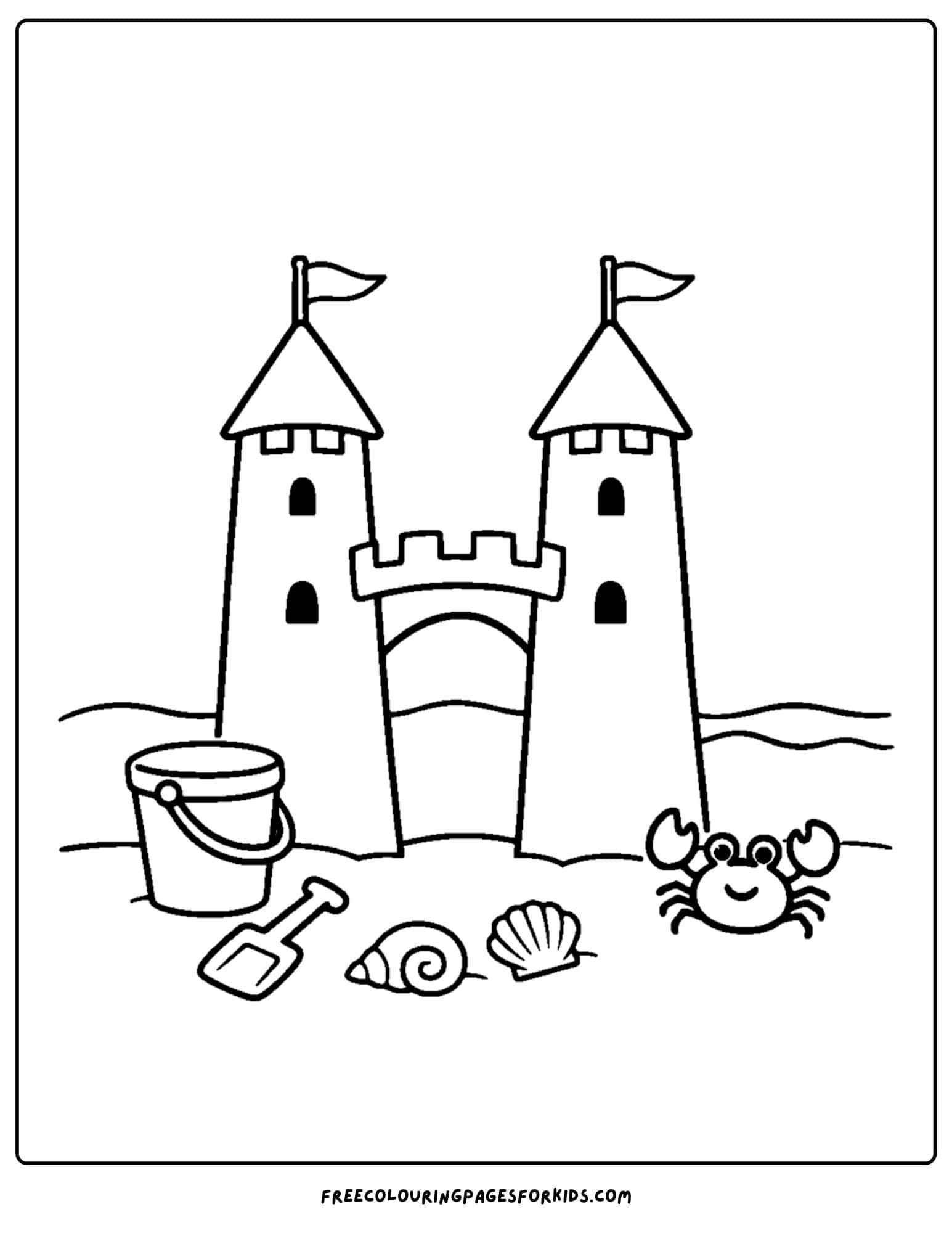 a sandcastle coloring page showing a twin tower design with a crab and bucket at the front