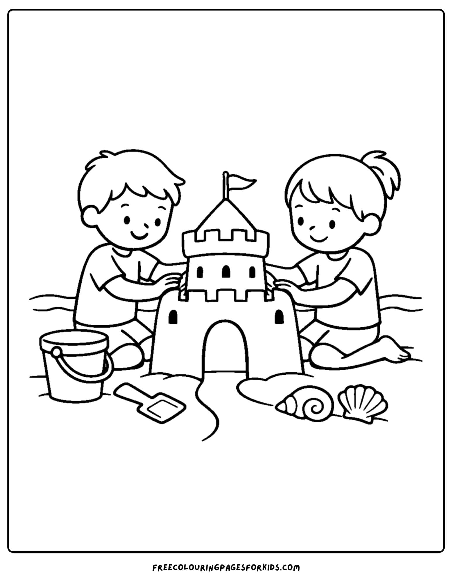 a sandcastle coloring page showing two kids working to make it