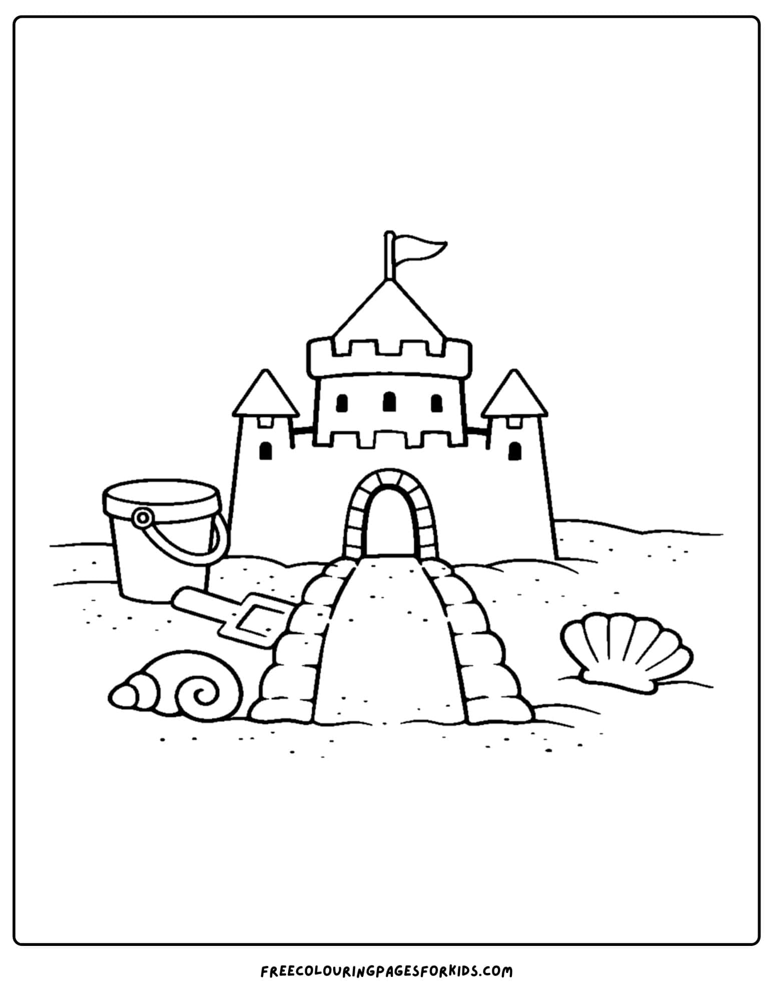 a sandcastle coloring page showing a design with a walkway and bridge to enter