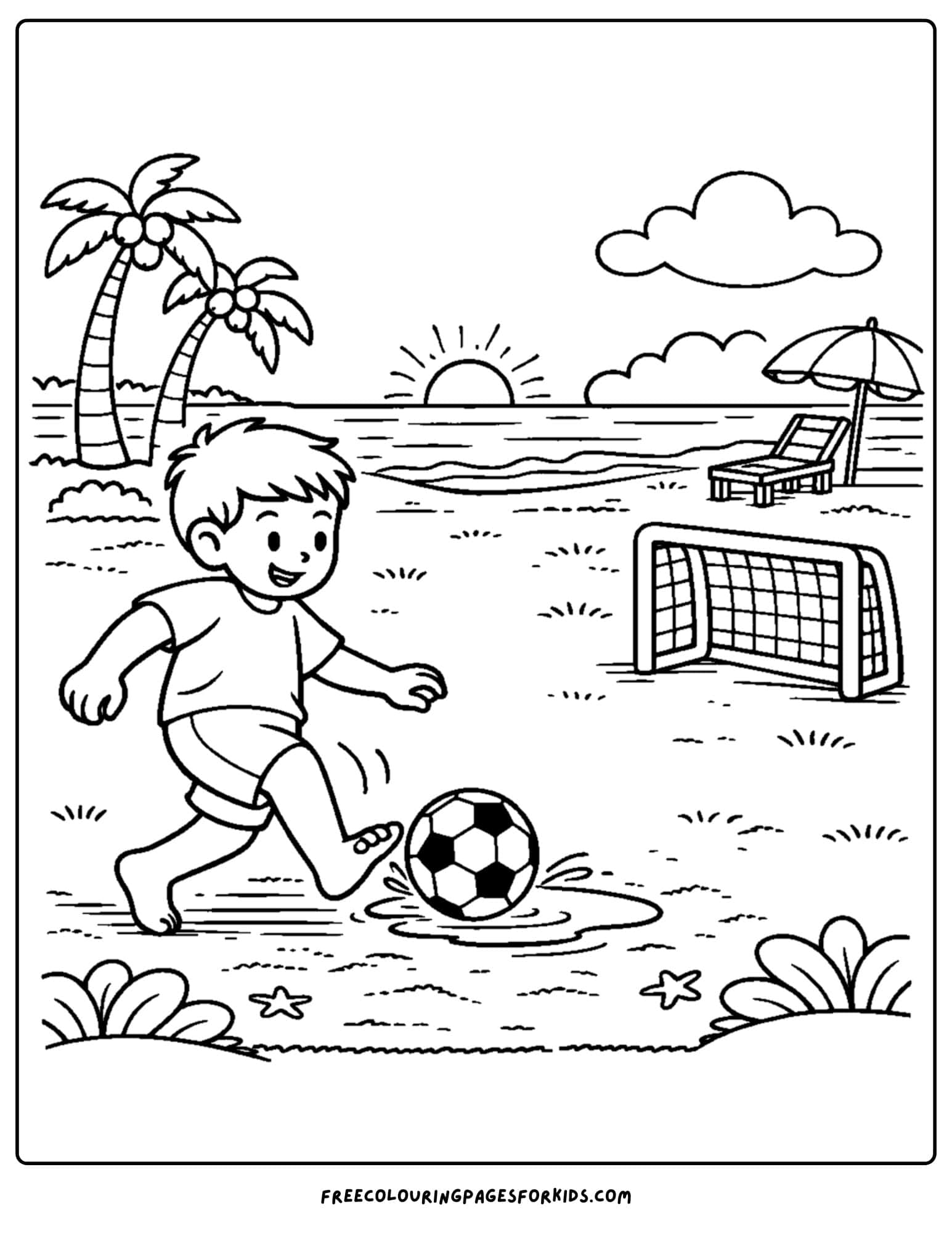 a soccer coloring page showing a kid playing soccer at the beach with goals