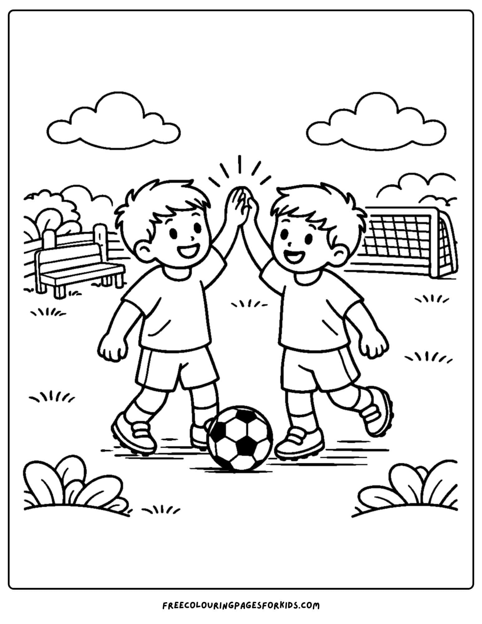 a soccer coloring page showing a high five between friends playing soccer