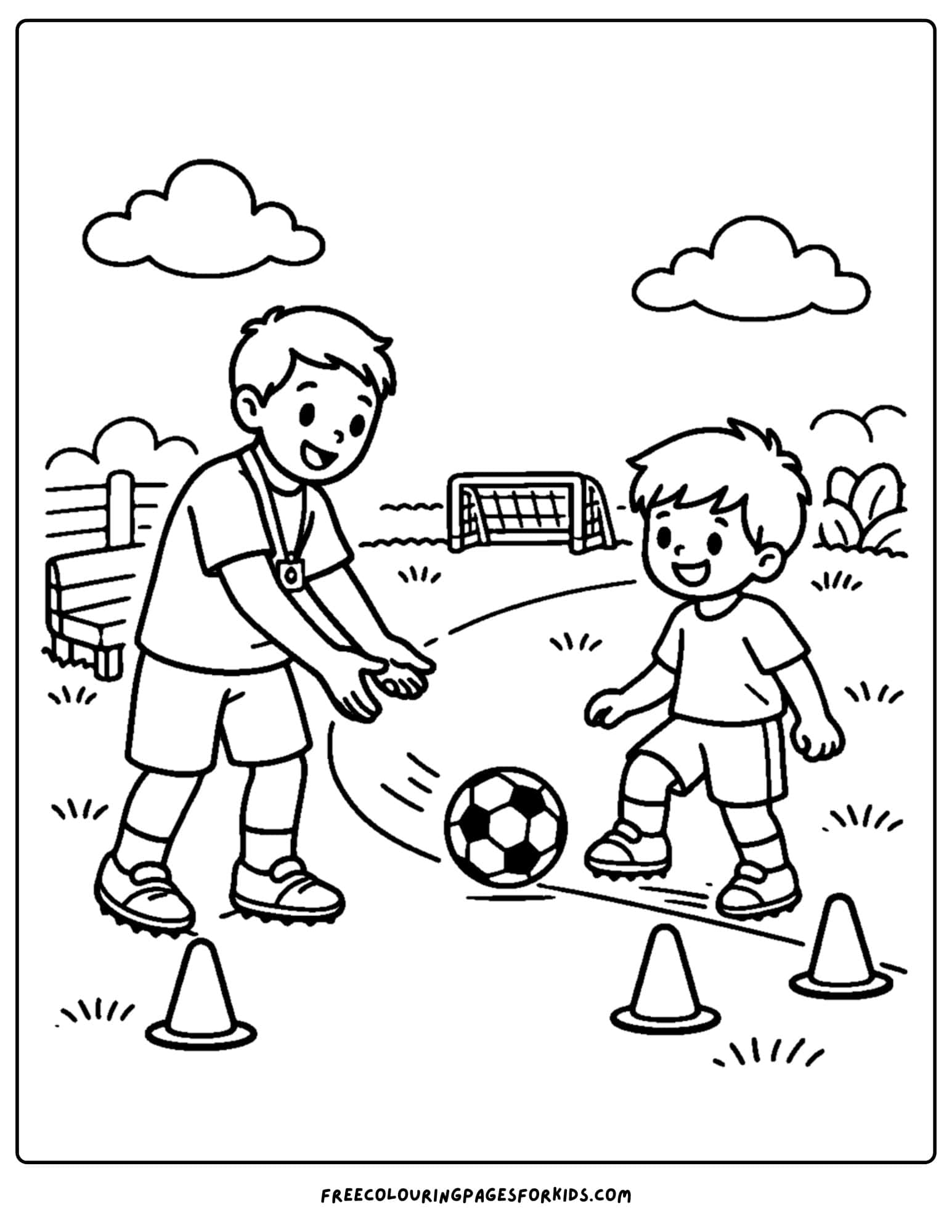a soccer coloring page showing a coach passing the ball to a player for practice