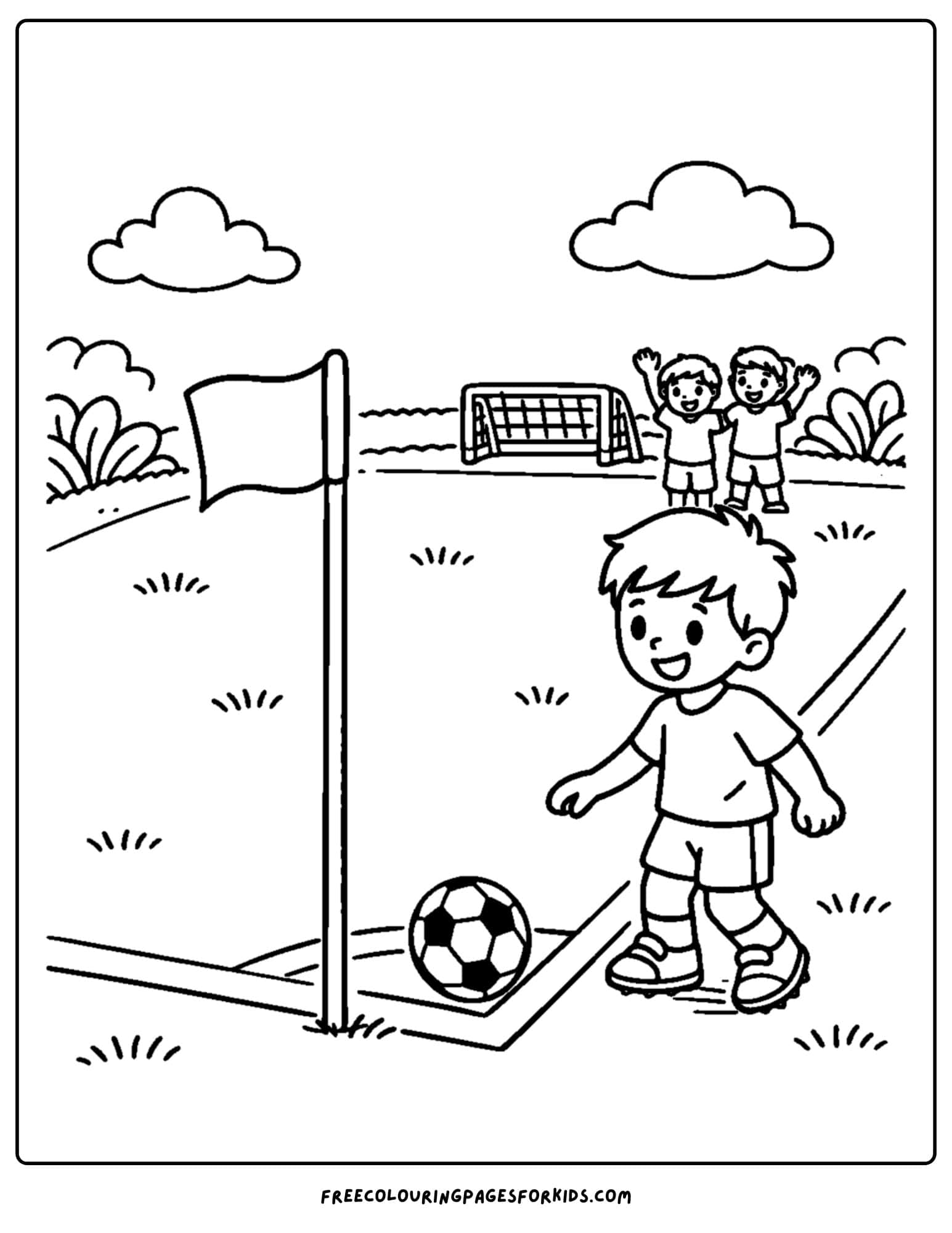 a soccer coloring page showing a kid taking a corner kick