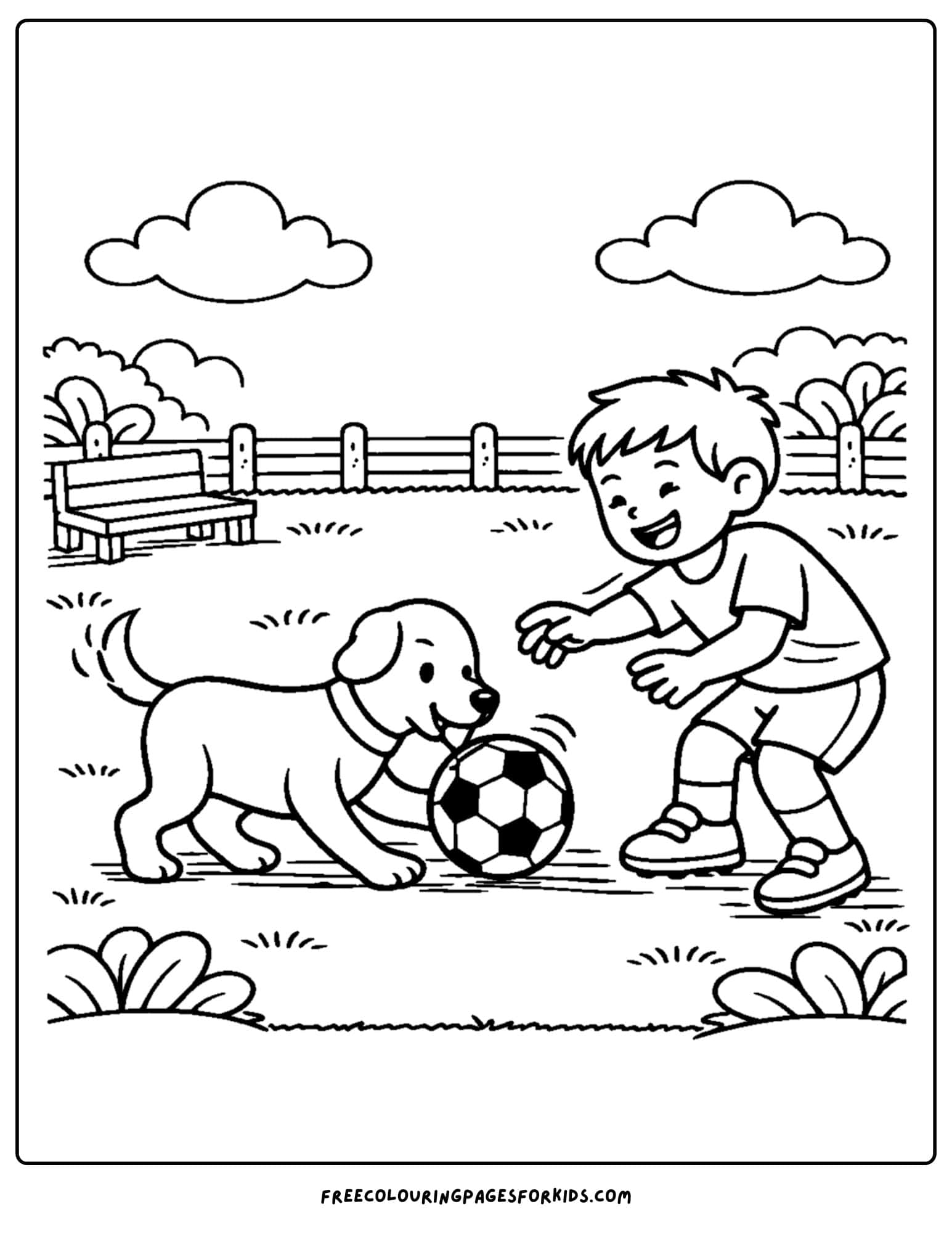 a soccer coloring page showing a child playing soccer with their dog playing too