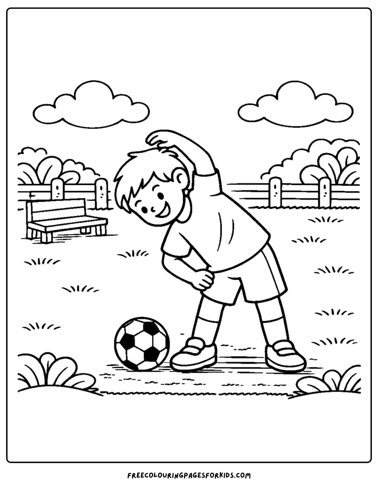 a soccer coloring page showing a player doing warmup stretches