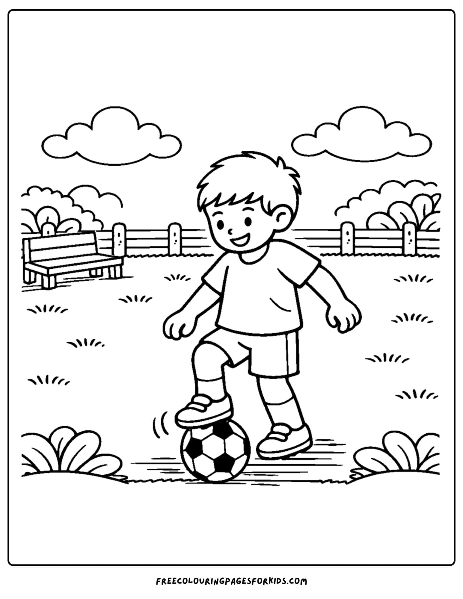 a soccer coloring page showing a child doing a simple toe tap with the ball