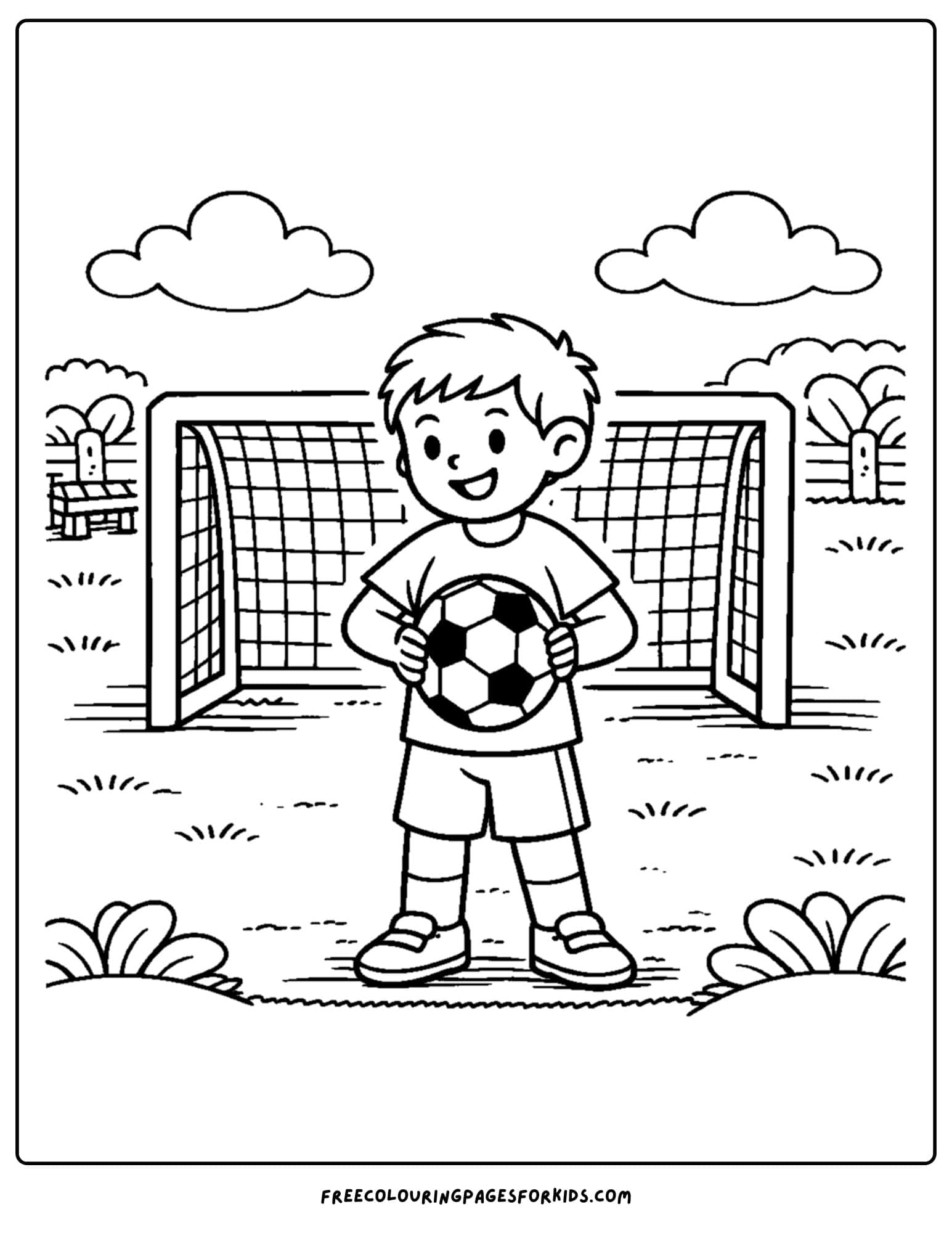 a soccer coloring page showing a child standing with a soccer ball in front of goals