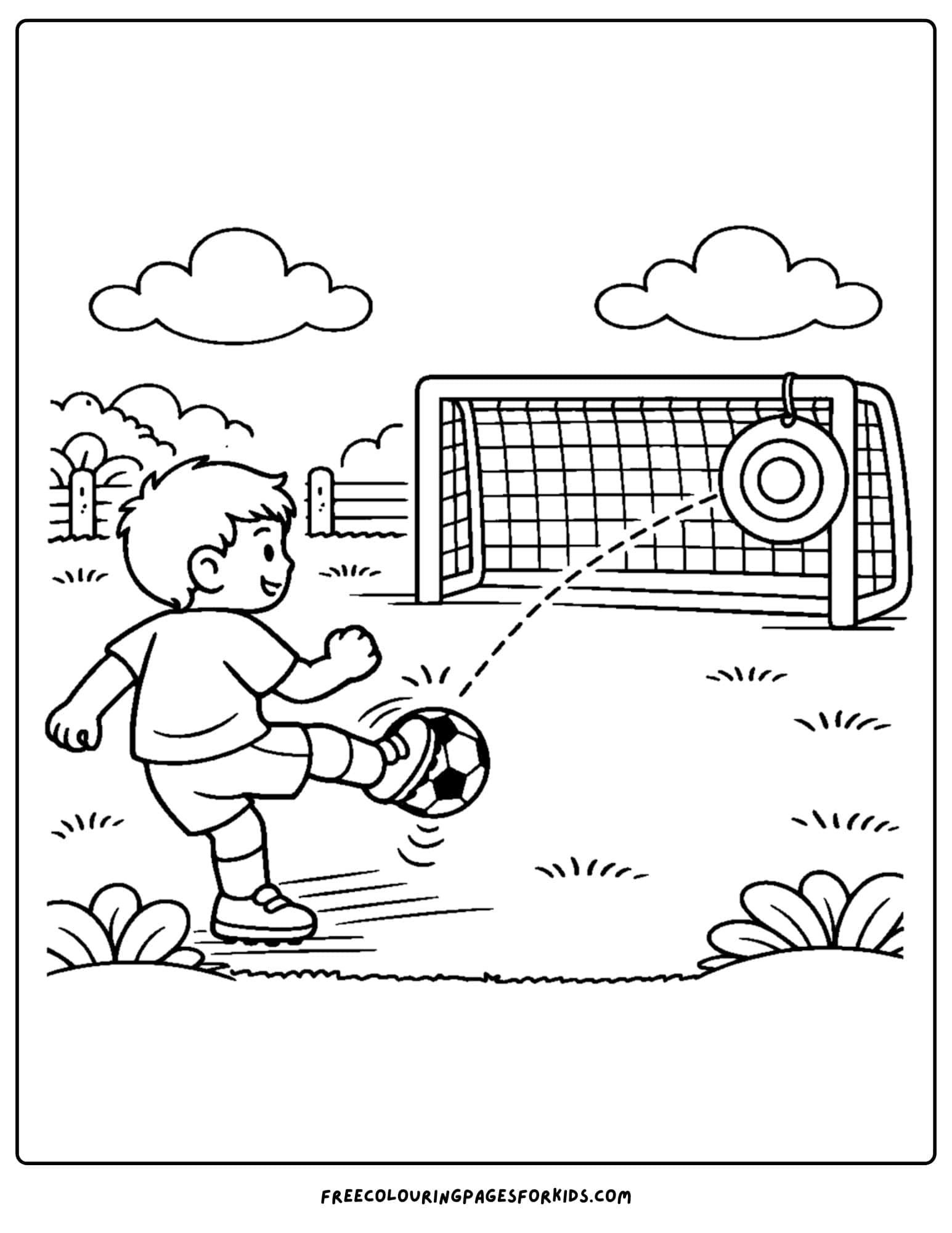 a soccer coloring page showing a kid aiming at a target in the goals