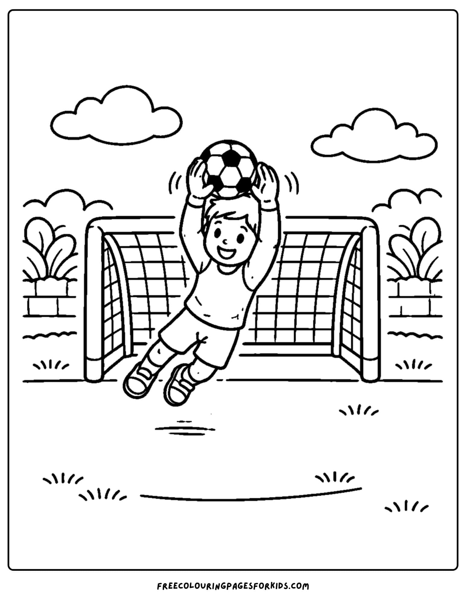 a soccer coloring page showing a goal keeper making a big save