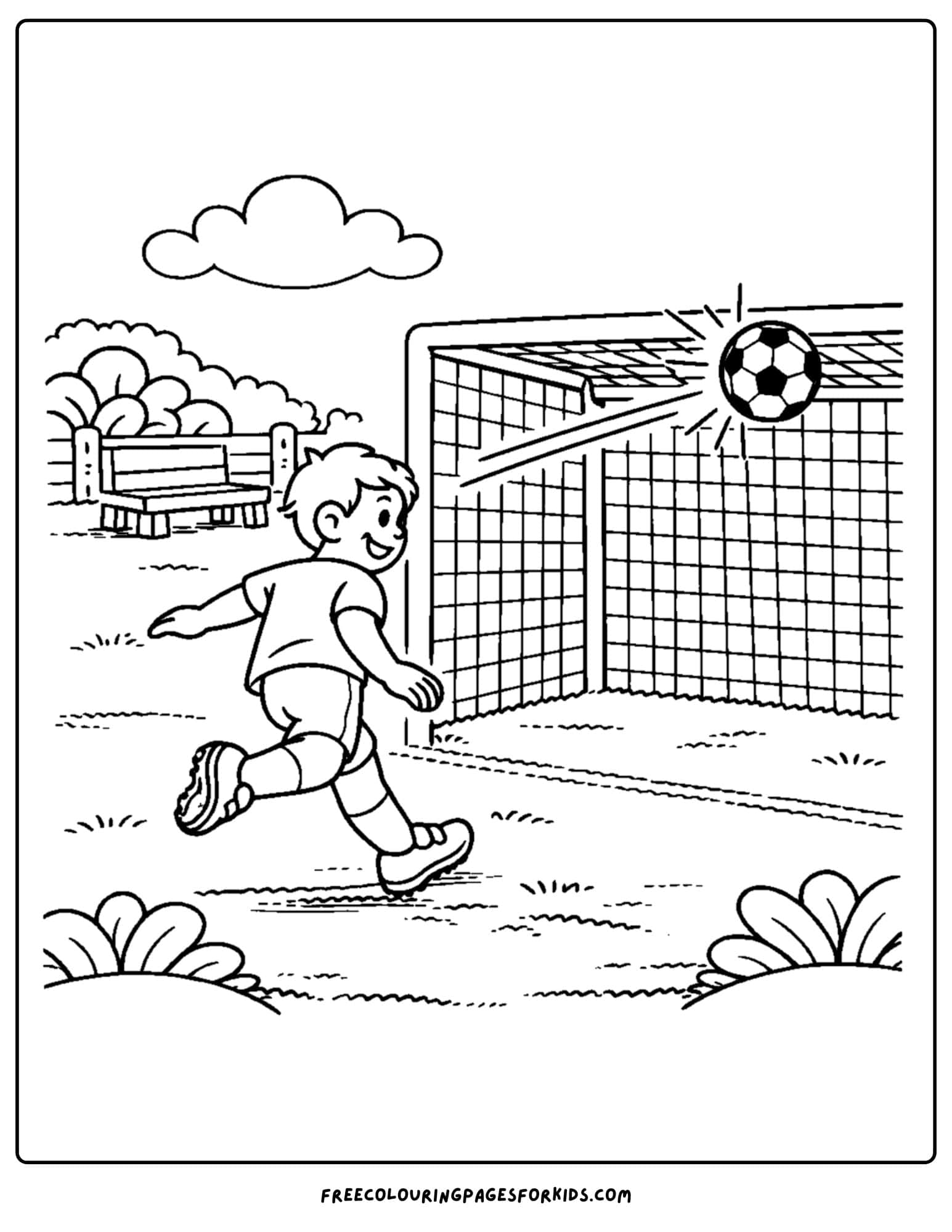 a soccer coloring page showing a player shooting at goal and having the ball bounce off the rail