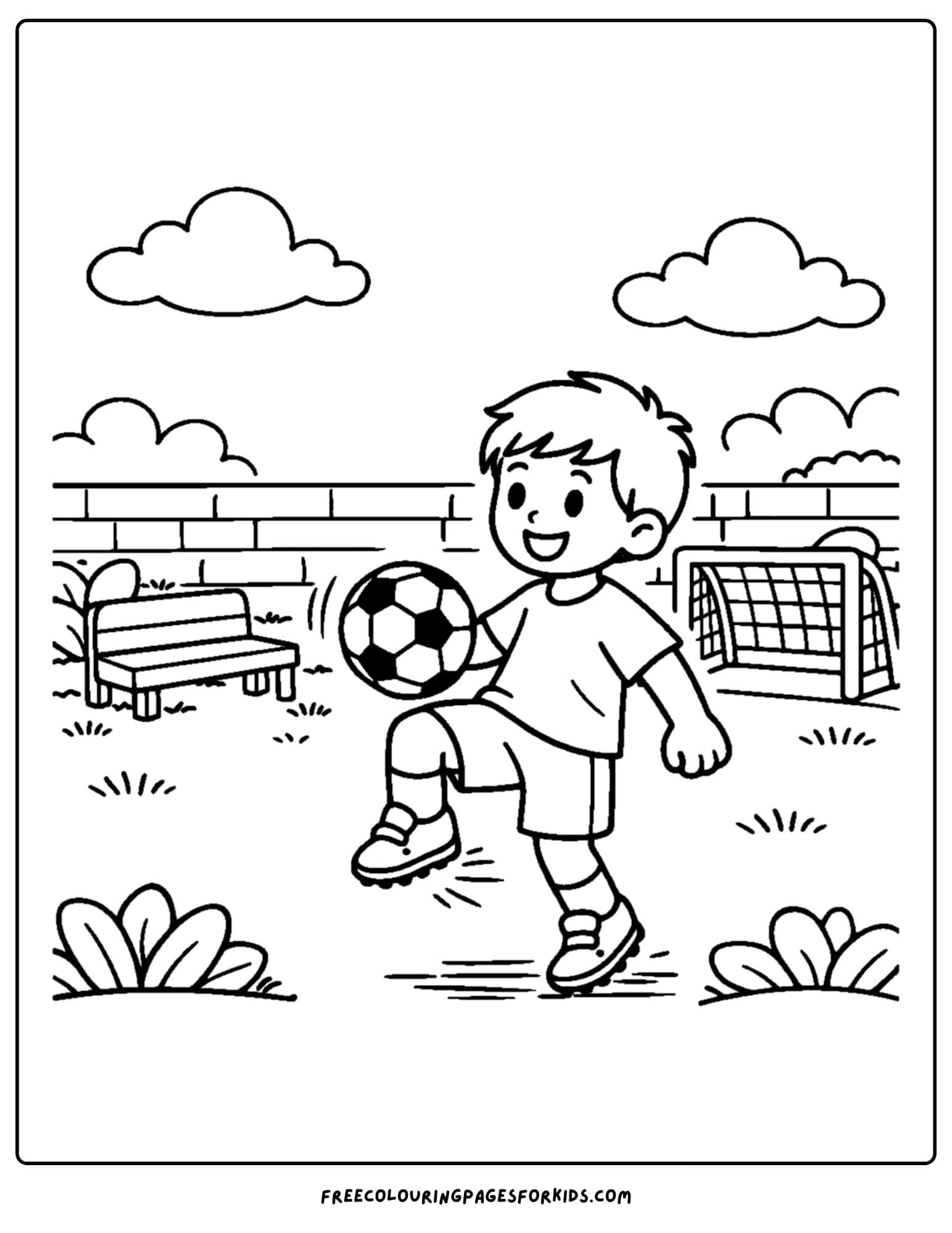 a soccer coloring page showing a kid knee juggling a soccer ball