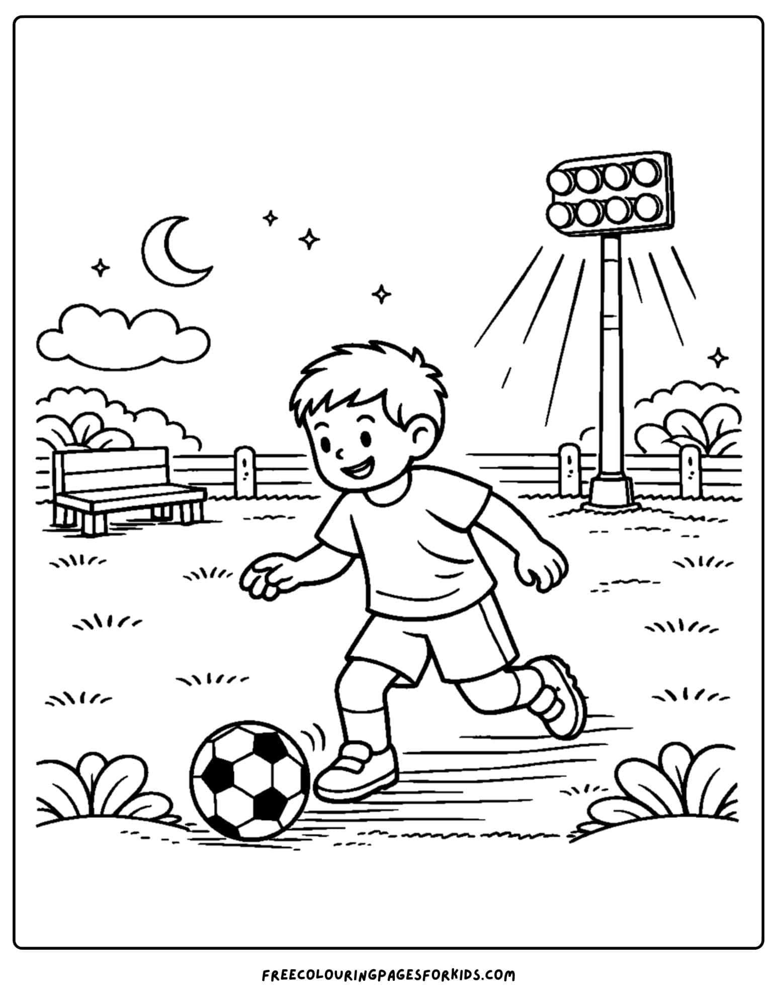 a soccer coloring page showing a kid playing under lights at night