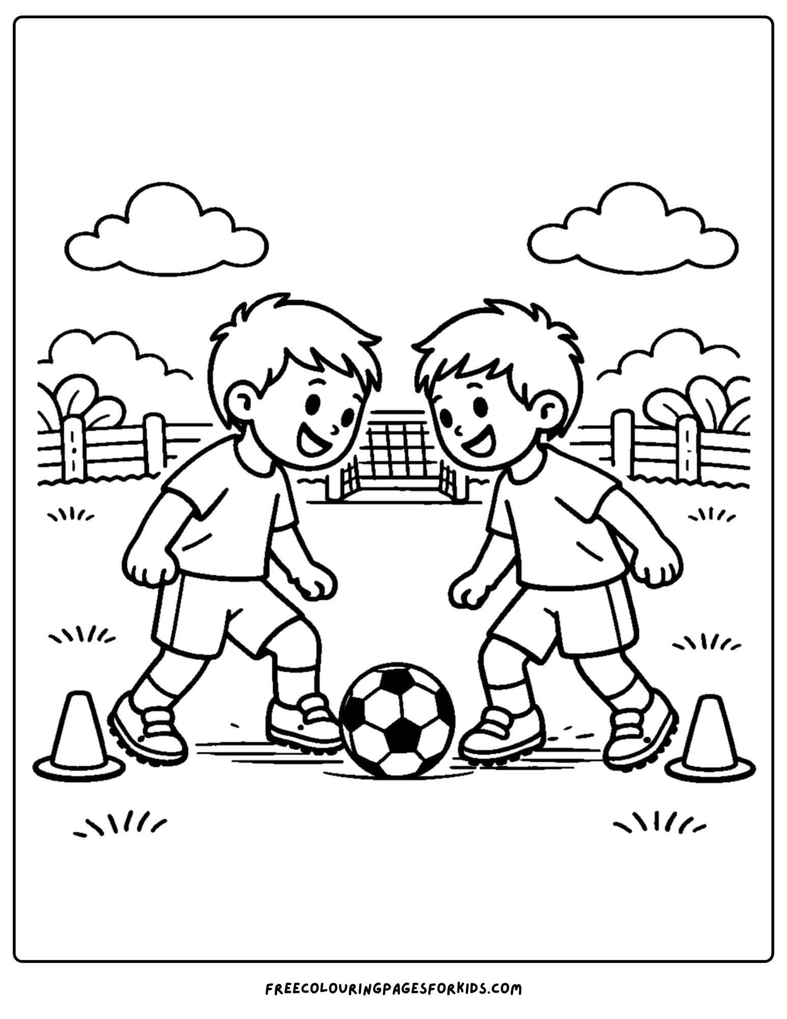 a soccer coloring page showing a two kids in a one on one battle for the ball