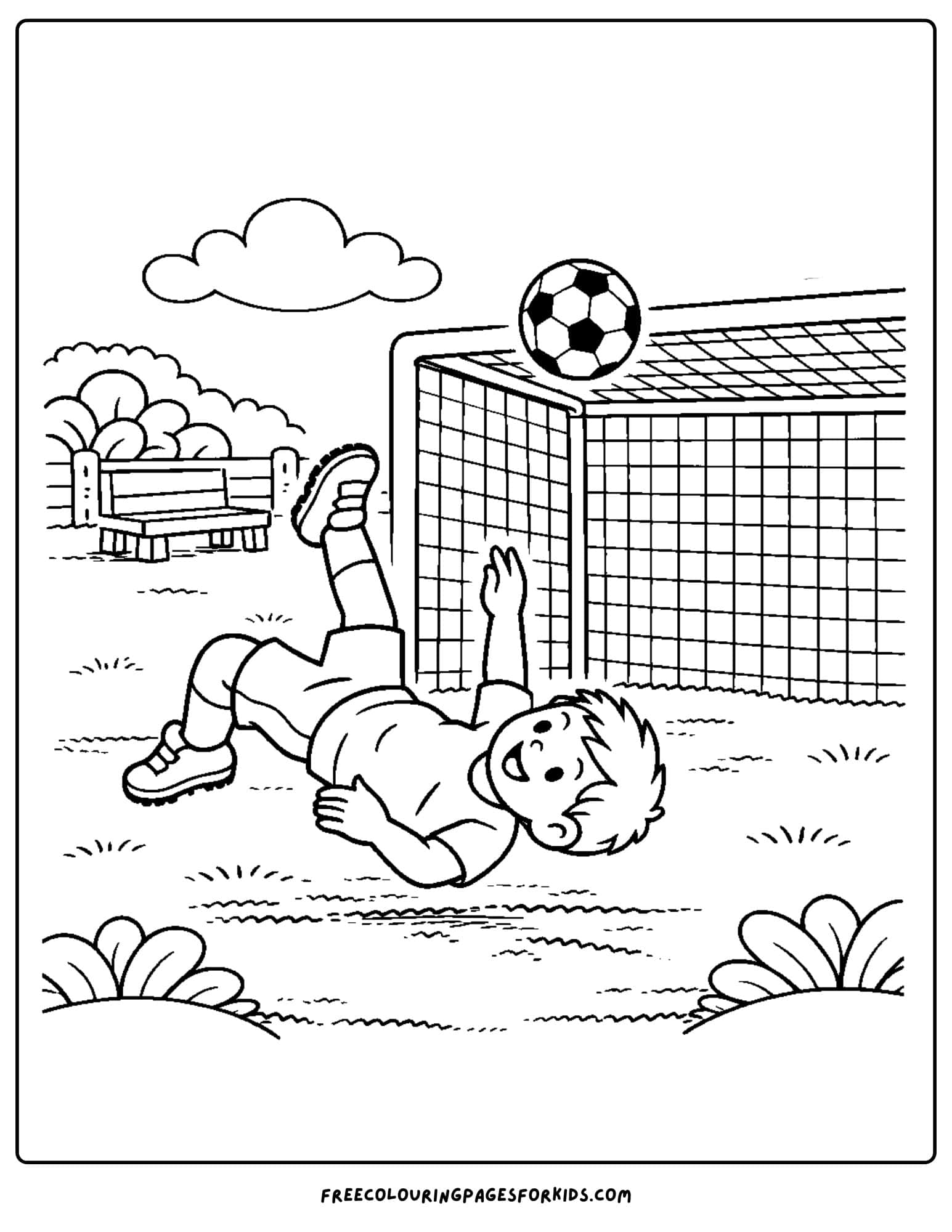 a soccer coloring page showing a player doing an overhead trick kick at goal