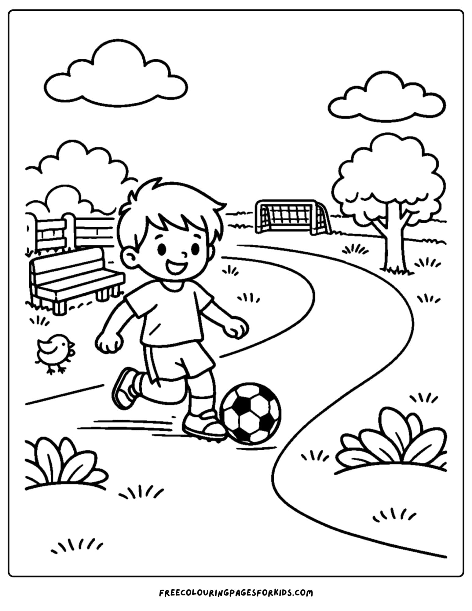 a soccer coloring page showing a child dribbling the ball along at the park