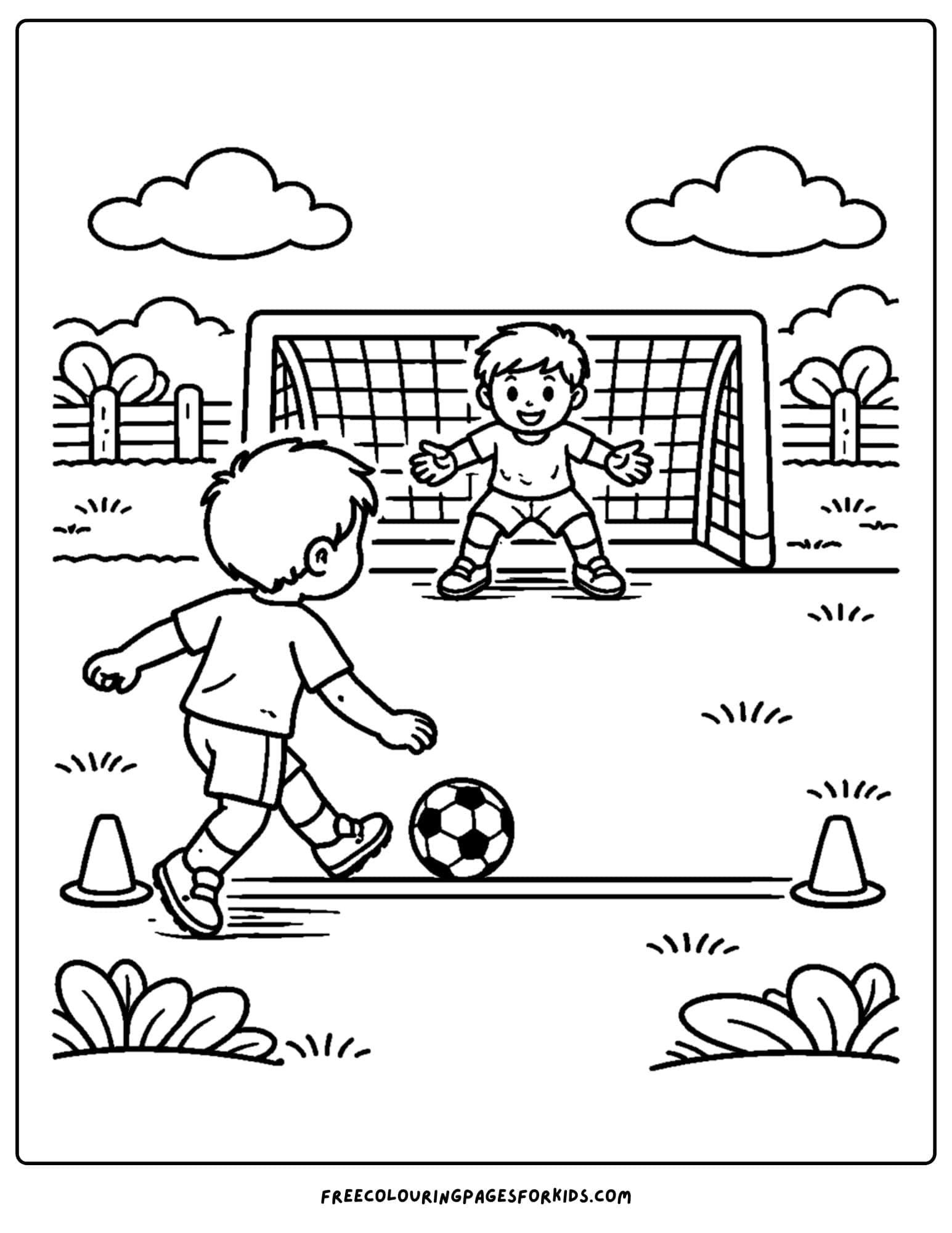 a soccer coloring page showing a penalty kick shot