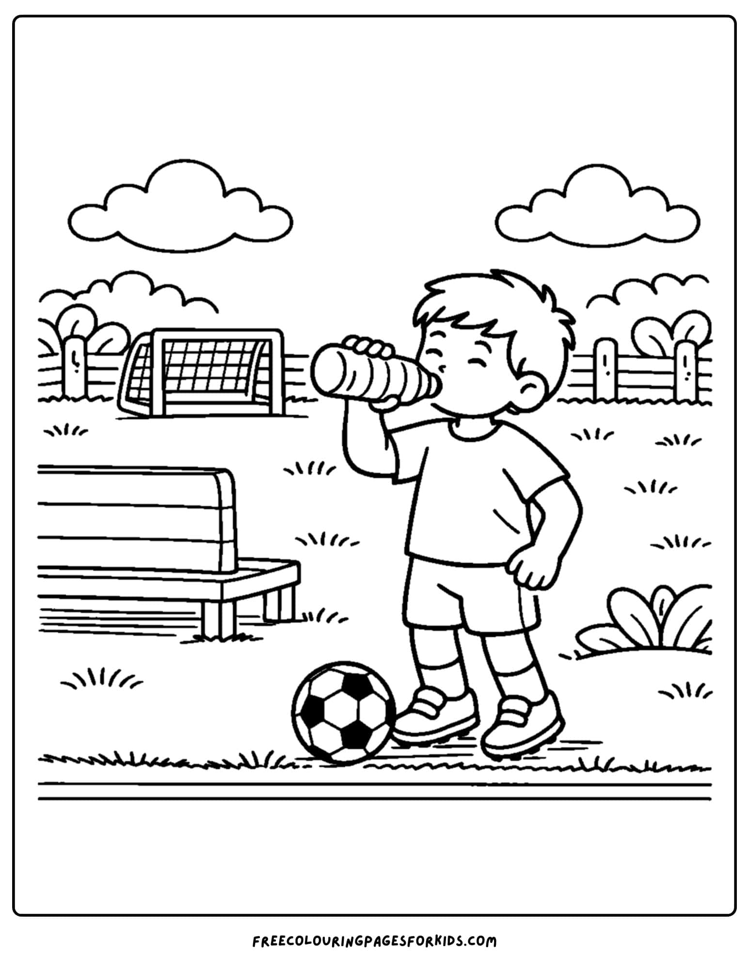 a soccer coloring page showing a kid having a water break between play