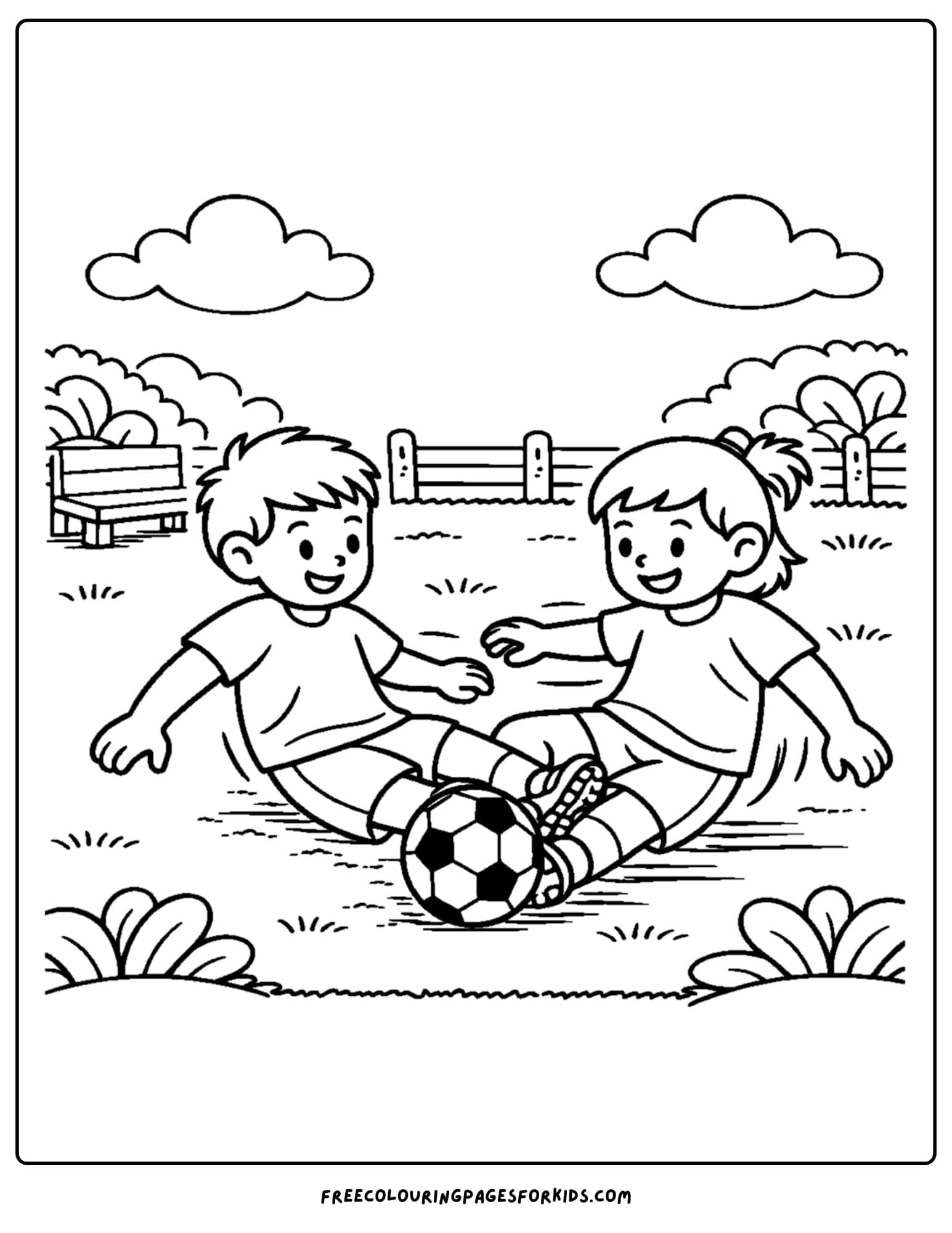 a soccer coloring page showing kids doing a silly slide tackle on each other