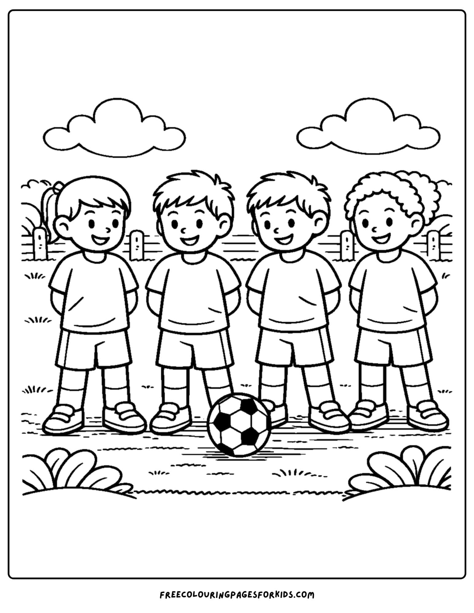 a soccer coloring page showing a team lineup with everyone smiling